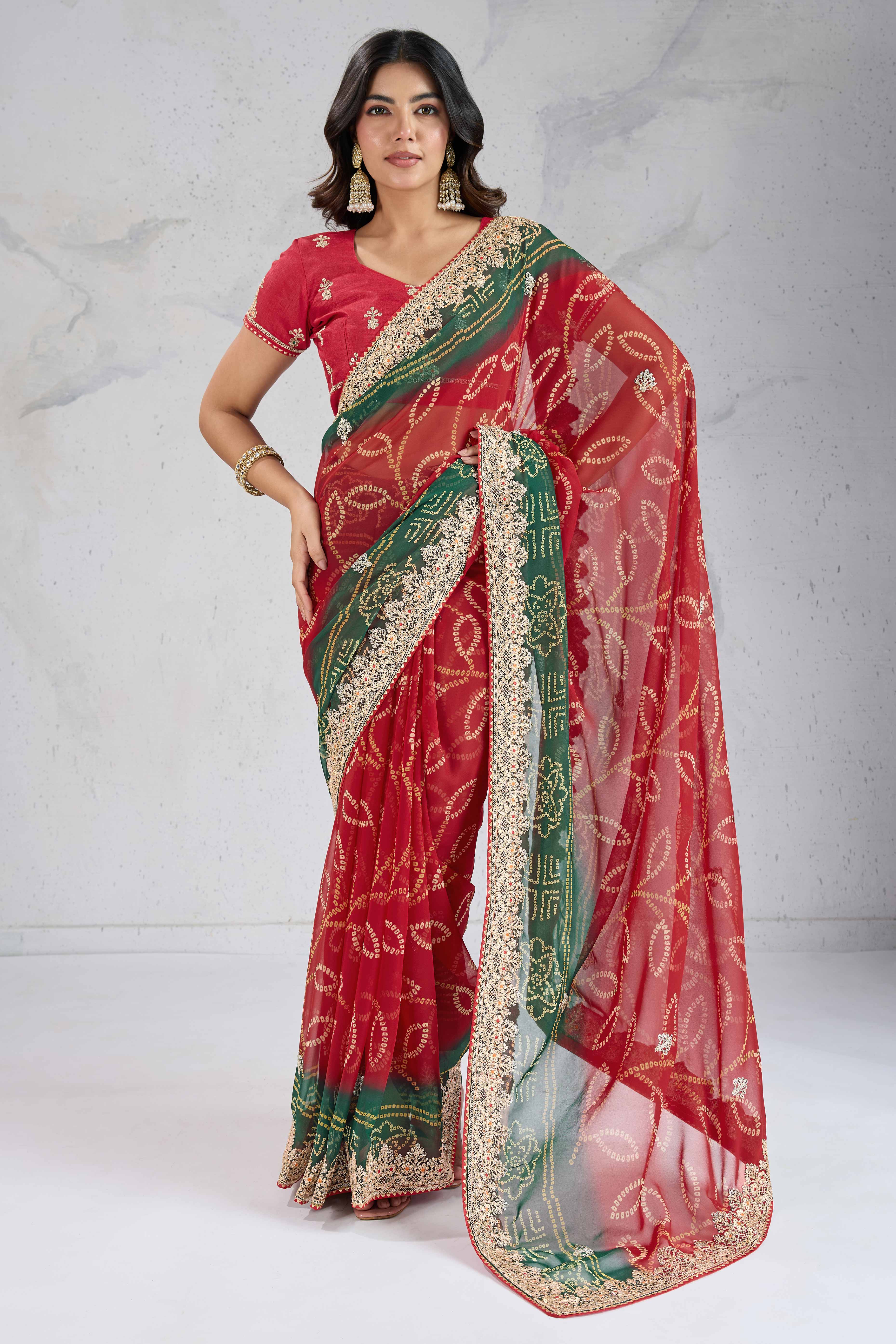Traditional Bandhani Red Georgette Saree with Fine Embroidery