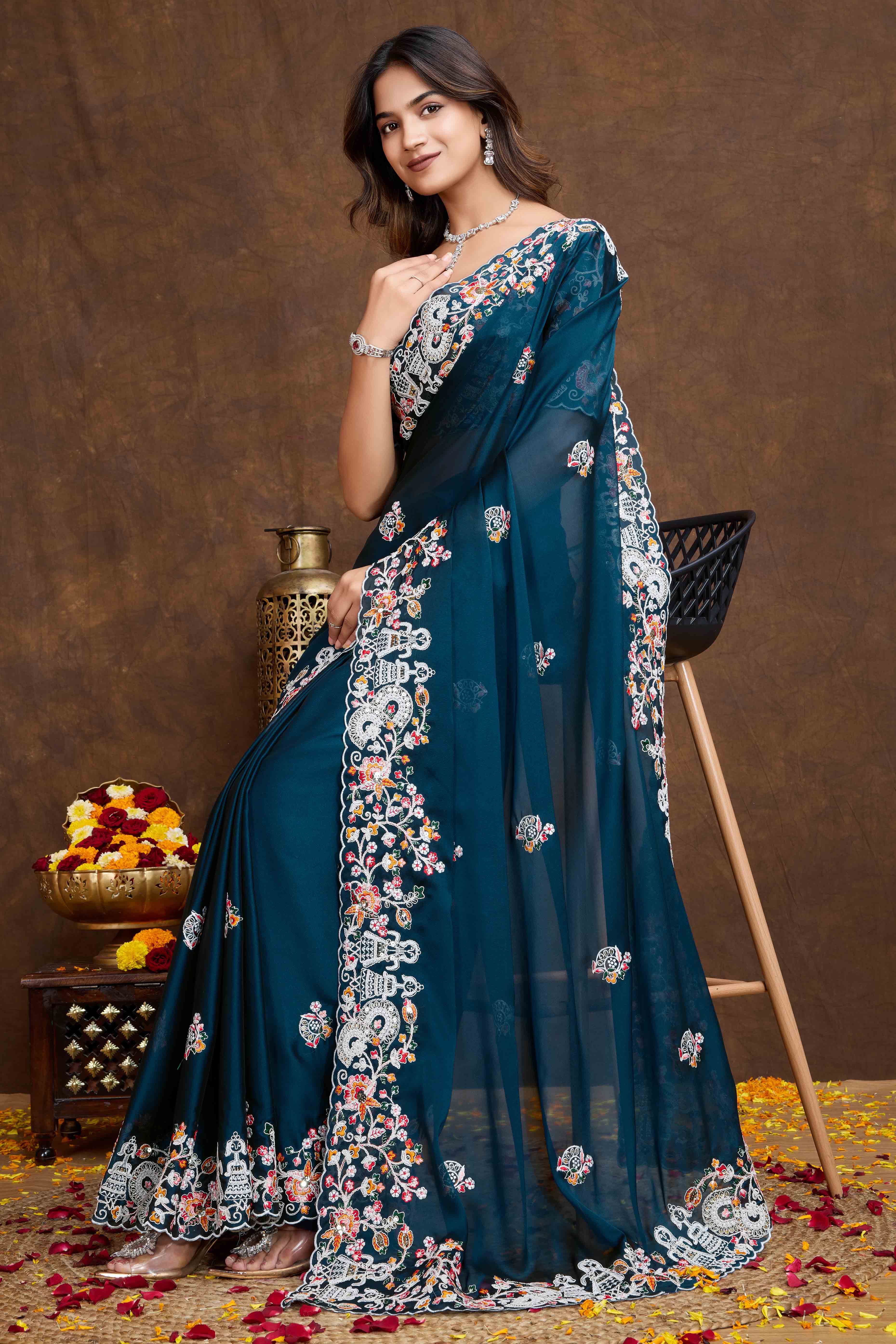 Morpich Blue Floral Sequins Embroidered Vichitra Rangoli Silk Saree