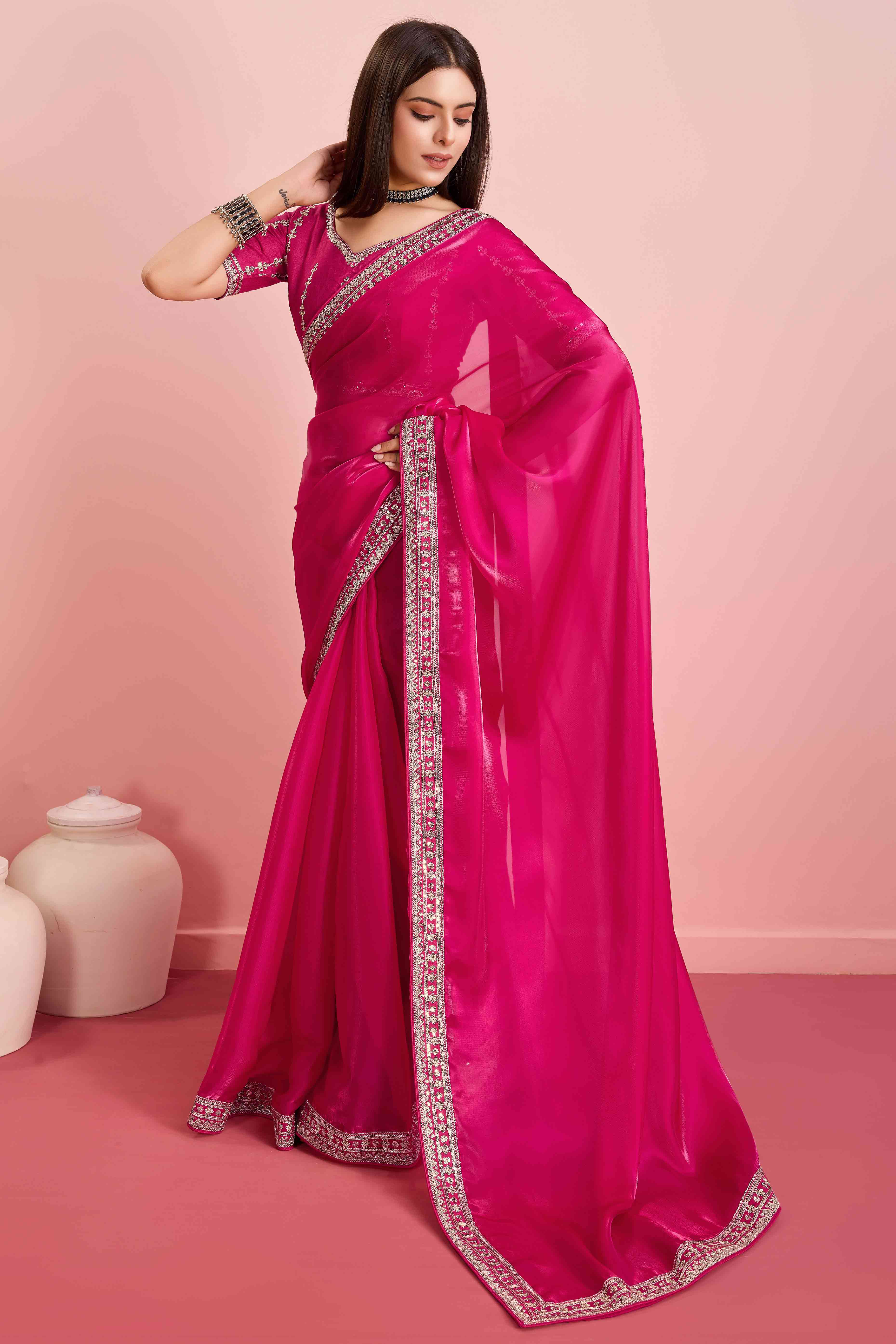 Rani Pink Solid With Floral Sequins Embroidered Jimmy Choo Tissue Saree