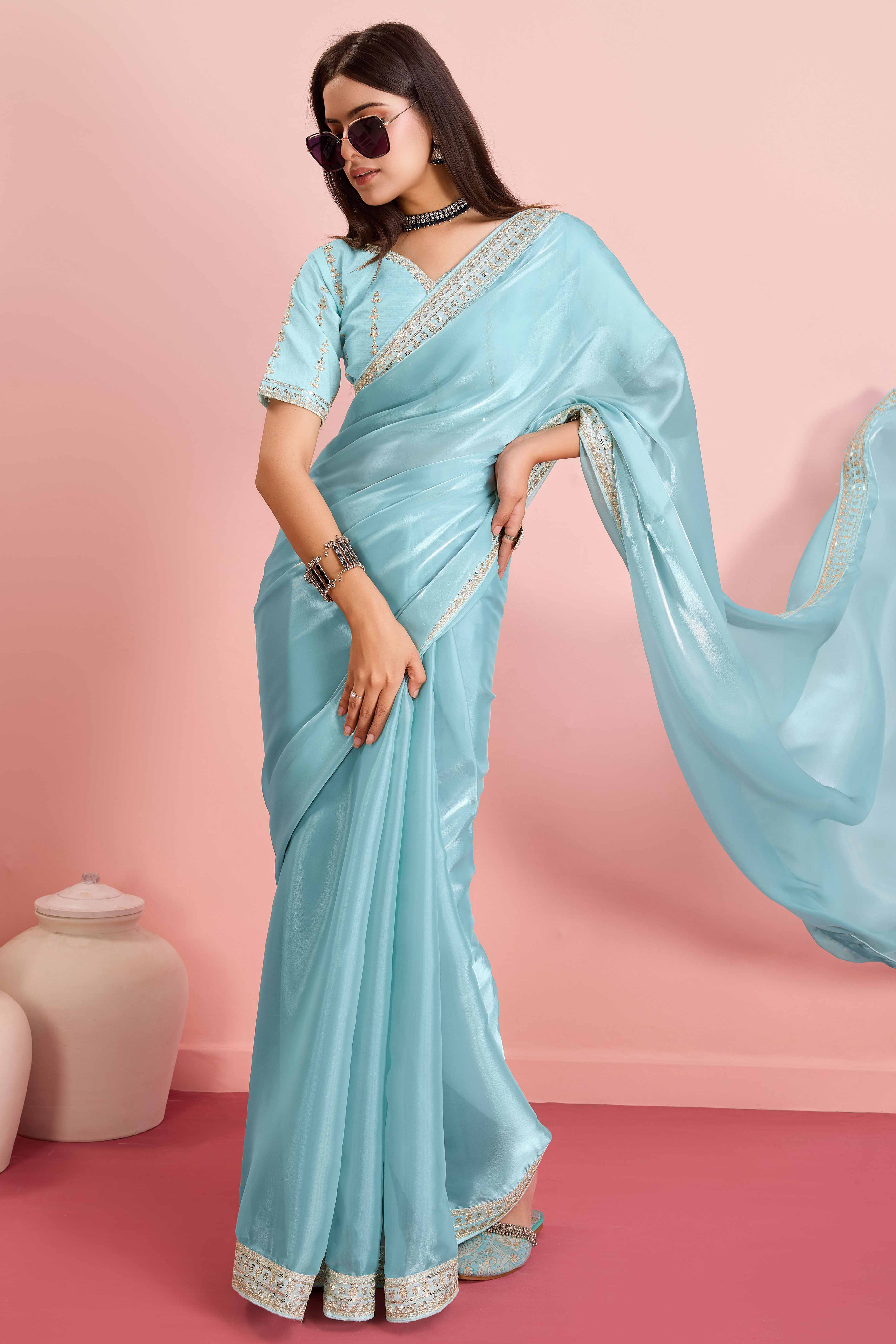 Blue Solid With Floral Sequins Embroidered Jimmy Choo Tissue Saree