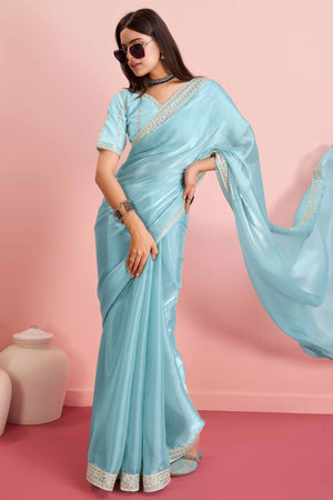 Blue Solid With Floral Sequins Embroidered Jimmy Choo Tissue Saree