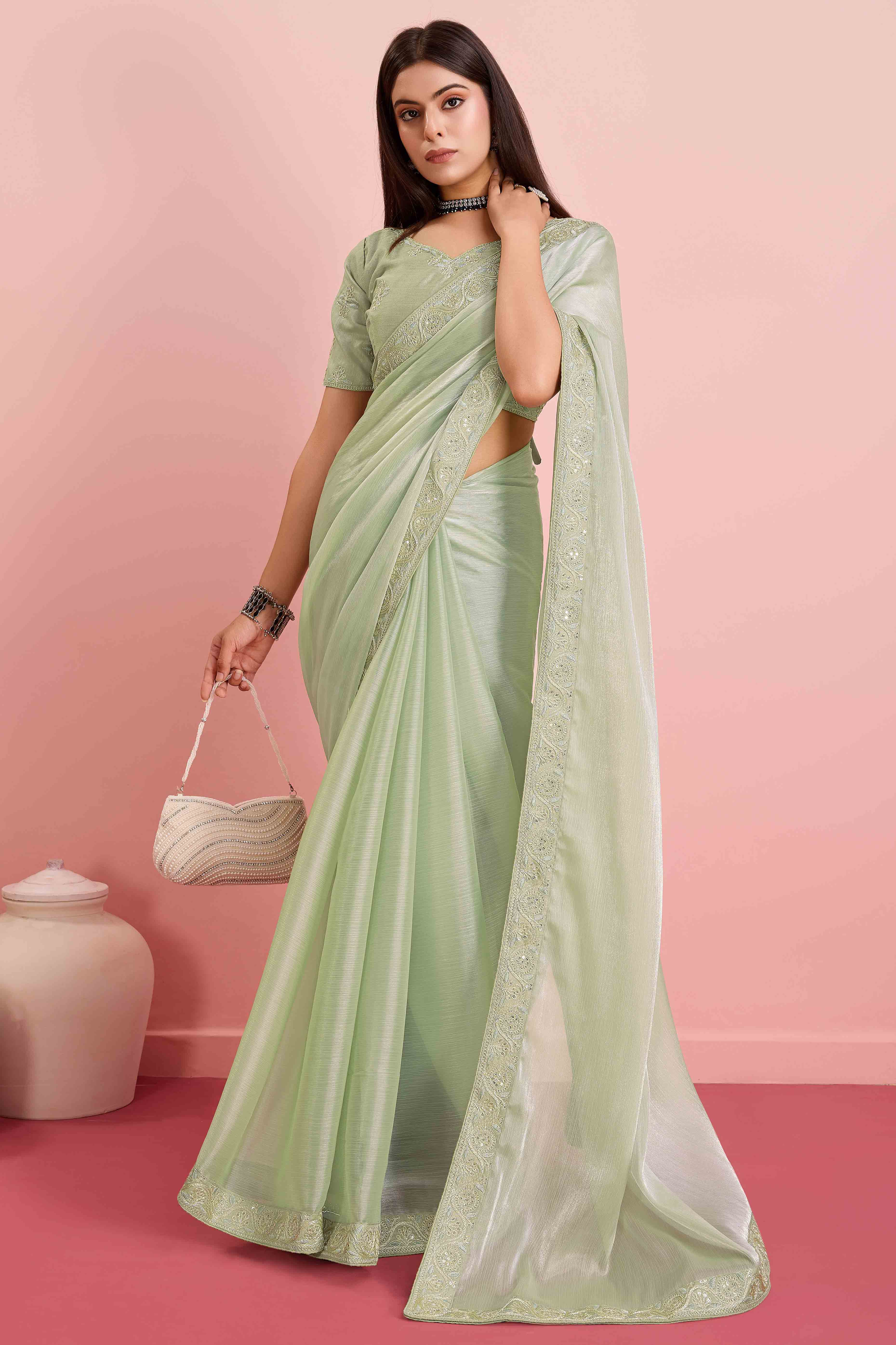 Green Solid With Sequins Embroidery Border Mulberry Silk Saree