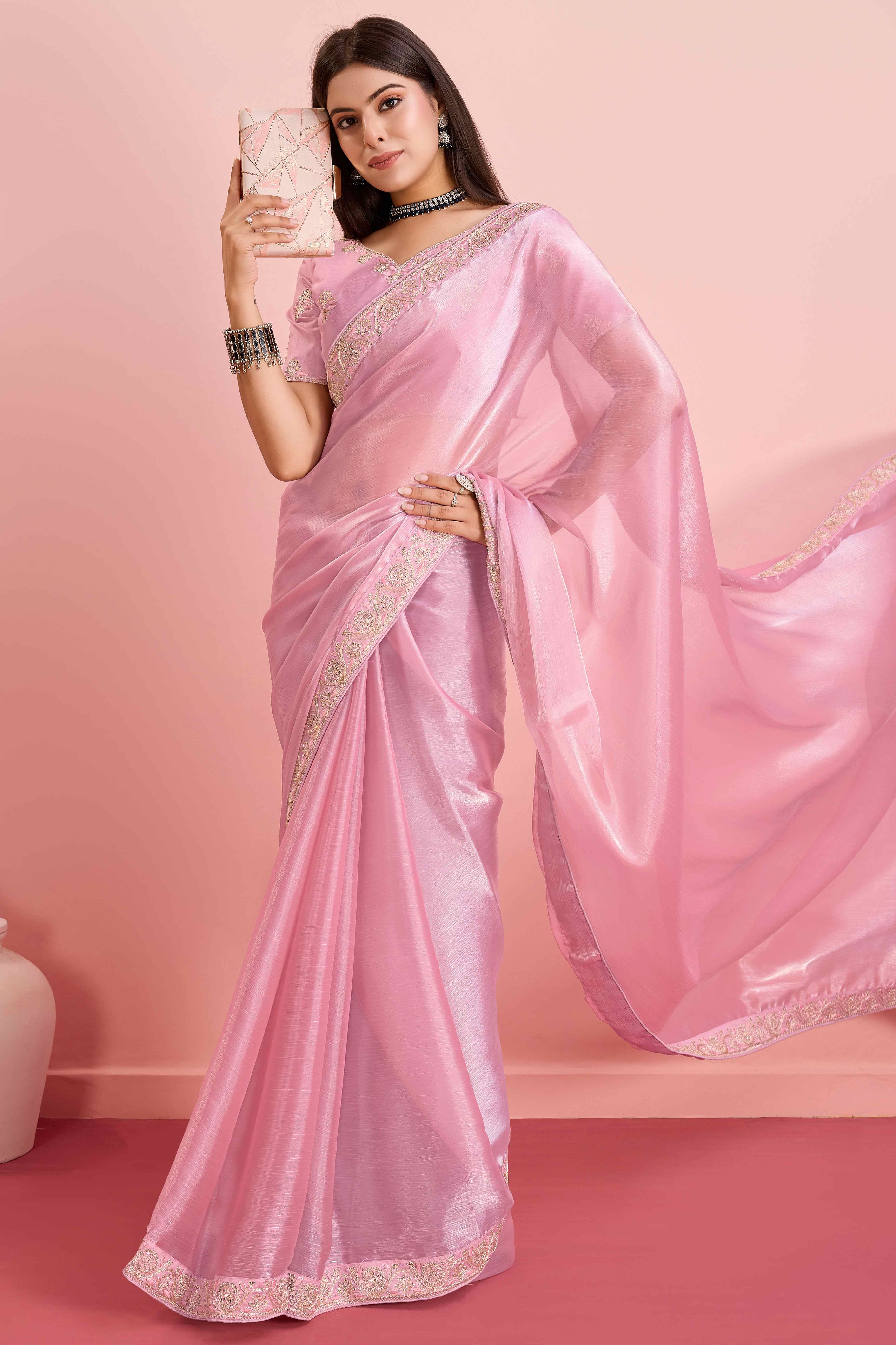 Pink Solid With Sequins Embroidery Border Mulberry Silk Saree
