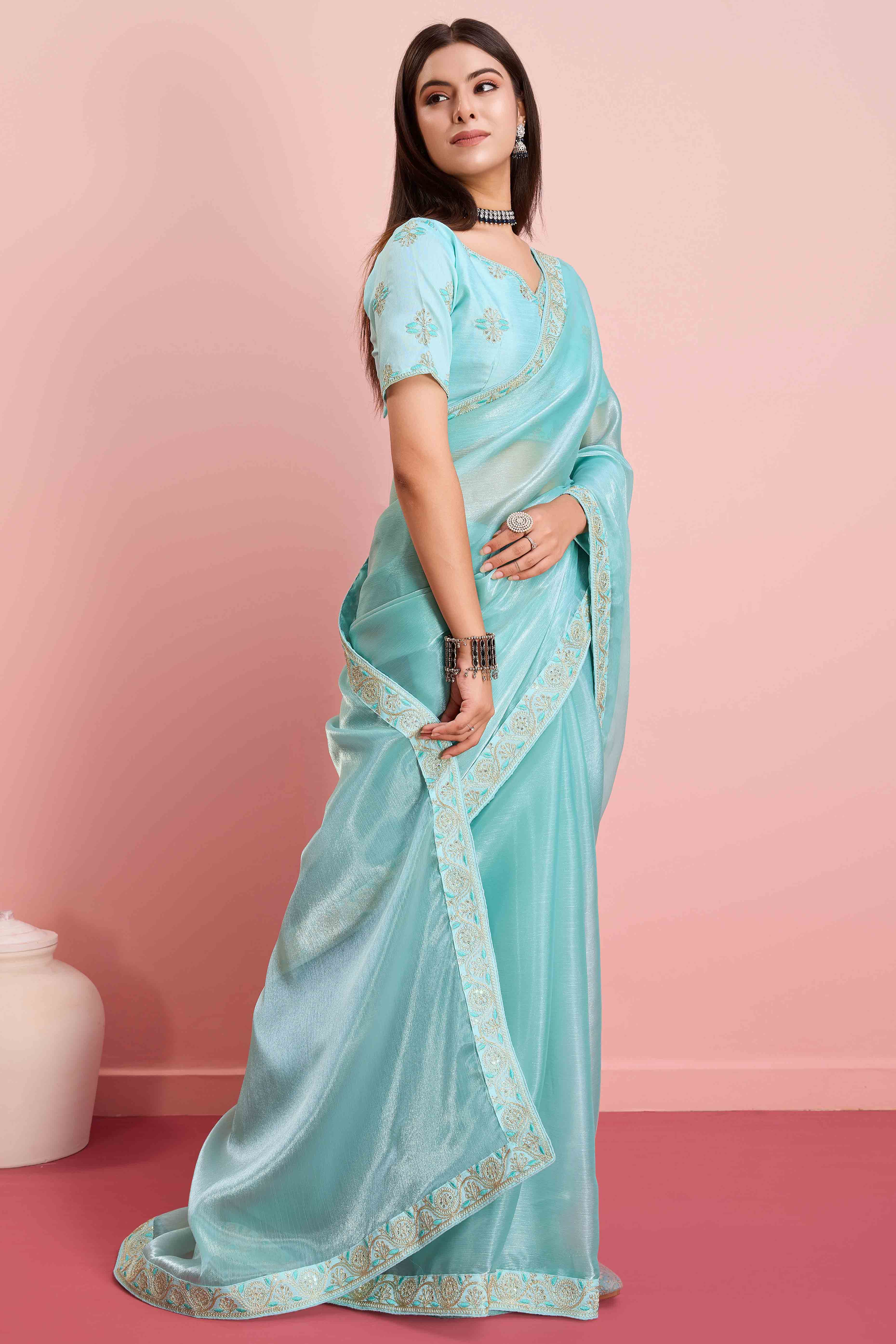 Blue Solid With Sequins Embroidery Border Mulberry Silk Saree