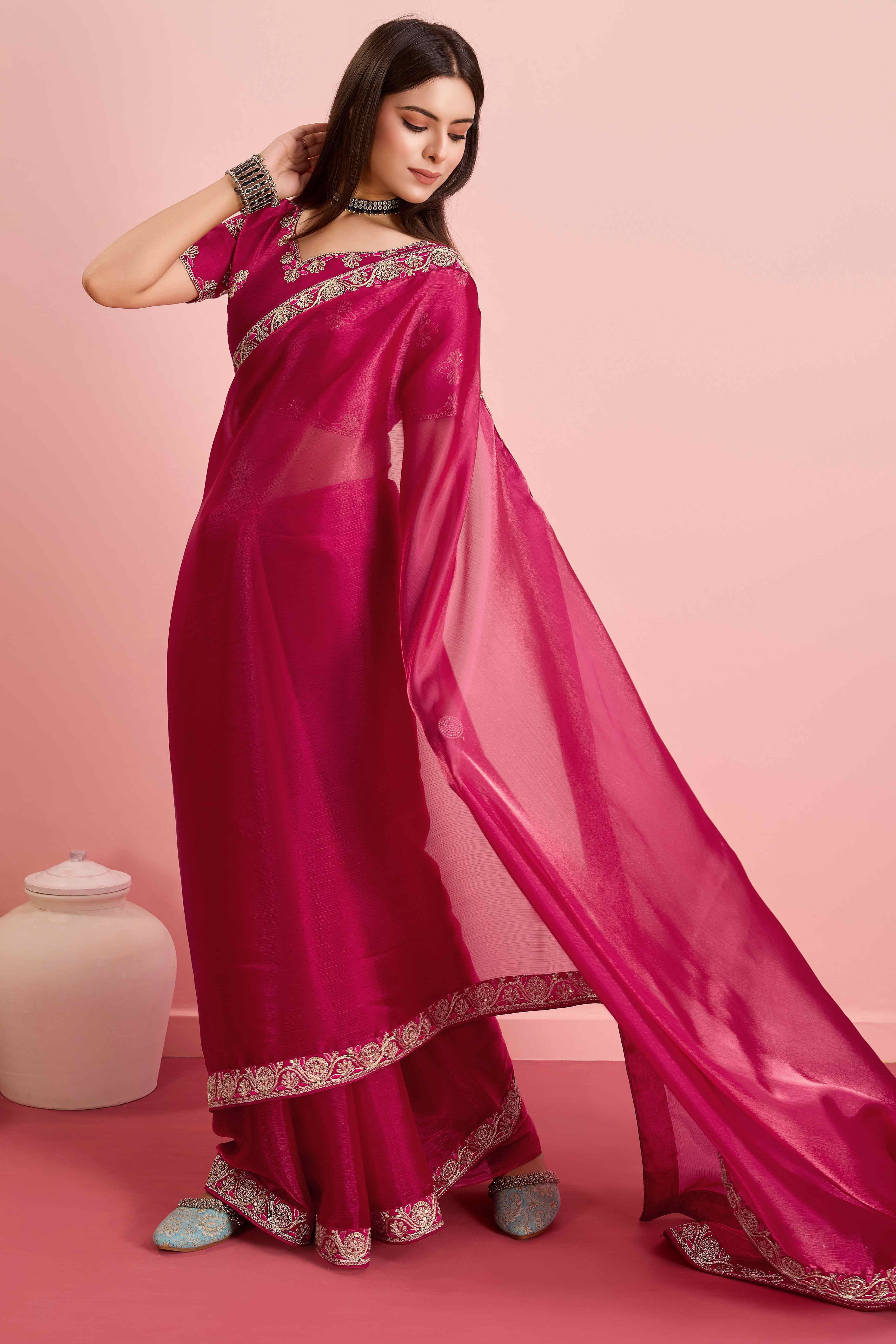 Rani Pink Solid With Sequins Embroidery Border Mulberry Silk Saree