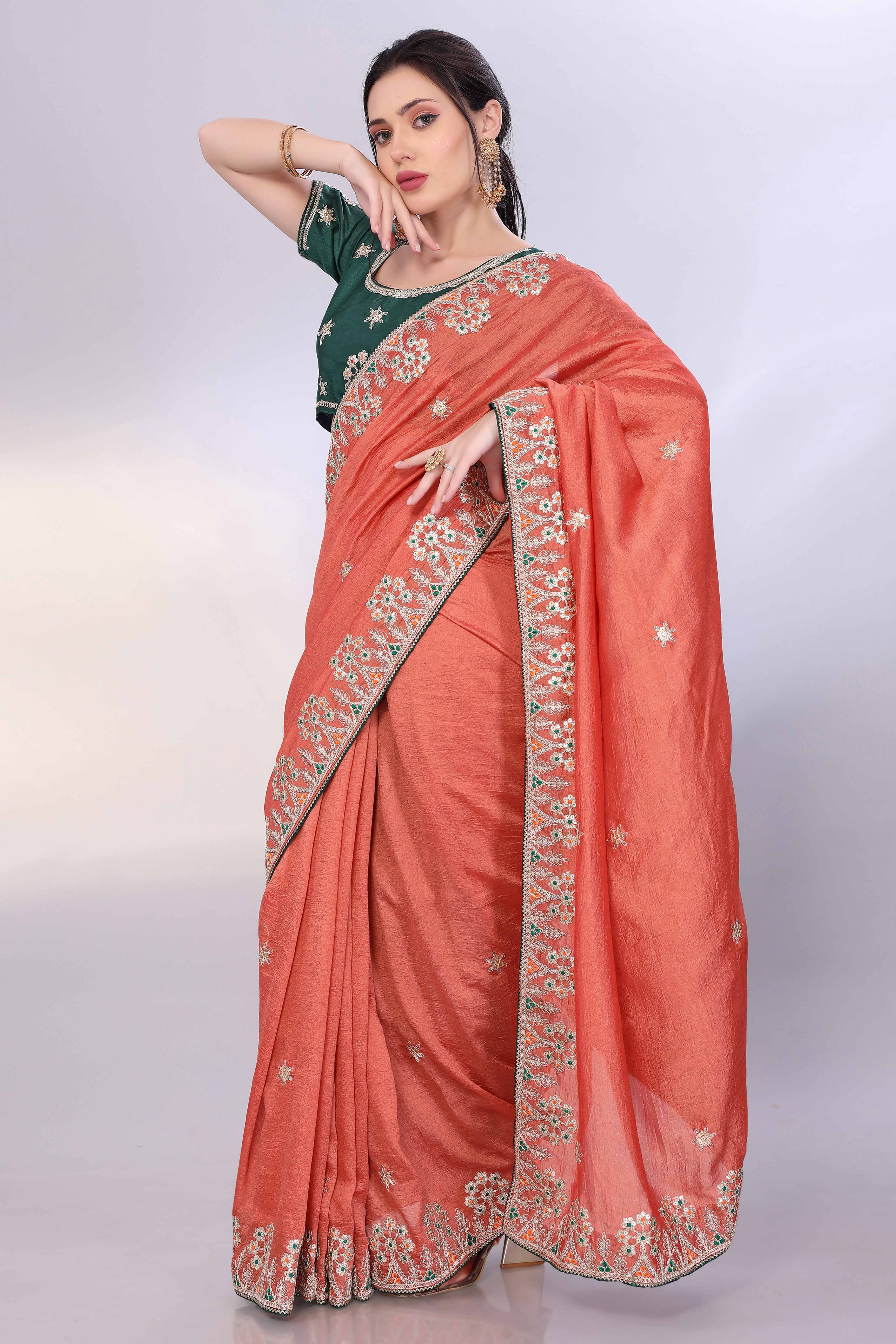 Orange Vichitra Silk Saree Embellished With Floral Cording Embroidery & Sparkling Sequins