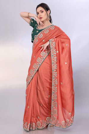 Orange Vichitra Silk Saree Embellished With Floral Cording Embroidery & Sparkling Sequins