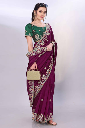 Wine Vichitra Silk Saree Embellished With Floral Cording Embroidery & Sparkling Sequins