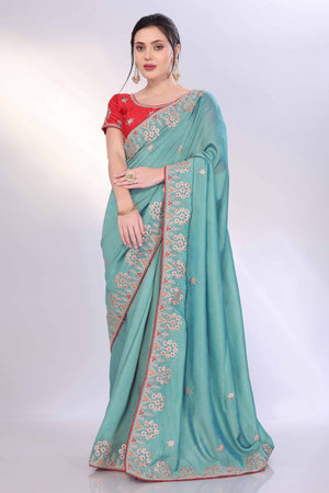 Turquoise Vichitra Silk Saree Embellished With Floral Cording Embroidery & Sparkling Sequins