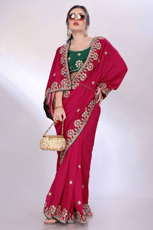 Pink Vichitra Silk Saree Embellished With Floral Cording Embroidery & Sparkling Sequins