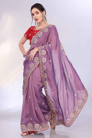 Lavender Vichitra Silk Saree Embellished With Floral Cording Embroidery & Sparkling Sequins