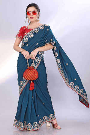 Morpich Blue Vichitra Silk Saree Embellished With Floral Cording Embroidery & Sparkling Sequins