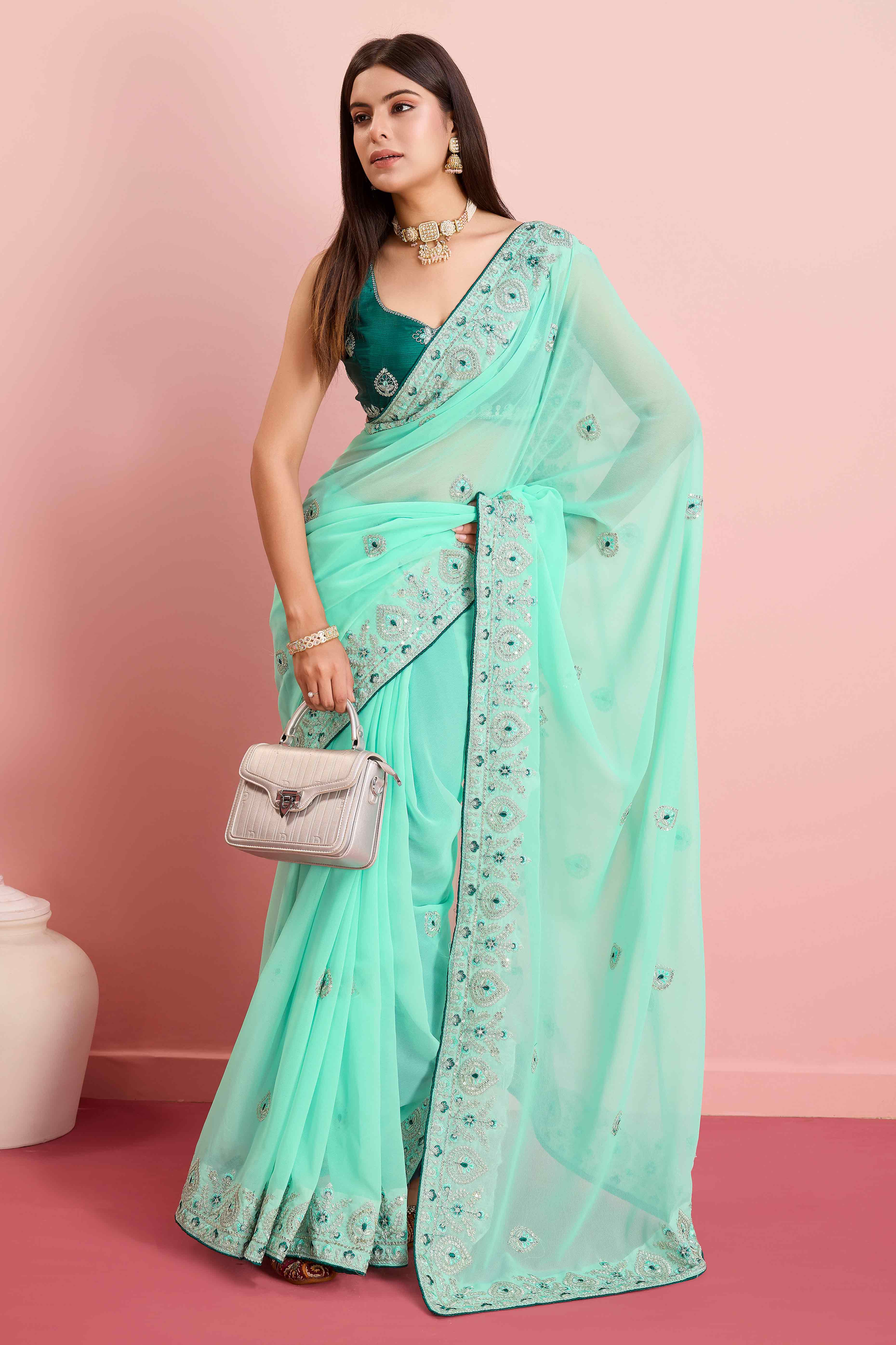 Turquoise Floral Sequins Embroidered Georgette Saree