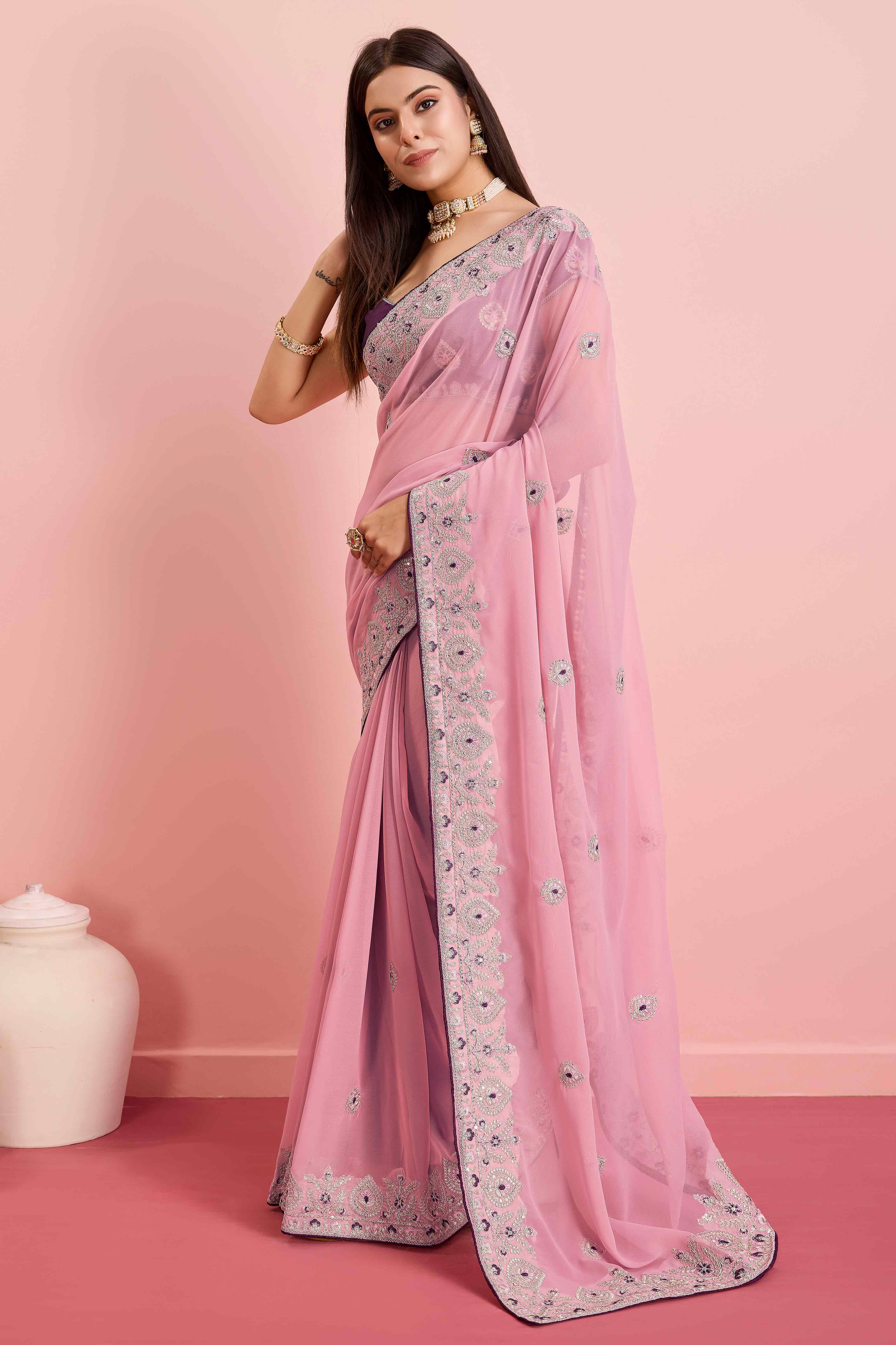Pink Floral Sequins Embroidered Georgette Saree