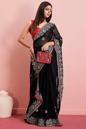 Black Floral Sequins Embroidered Georgette Saree