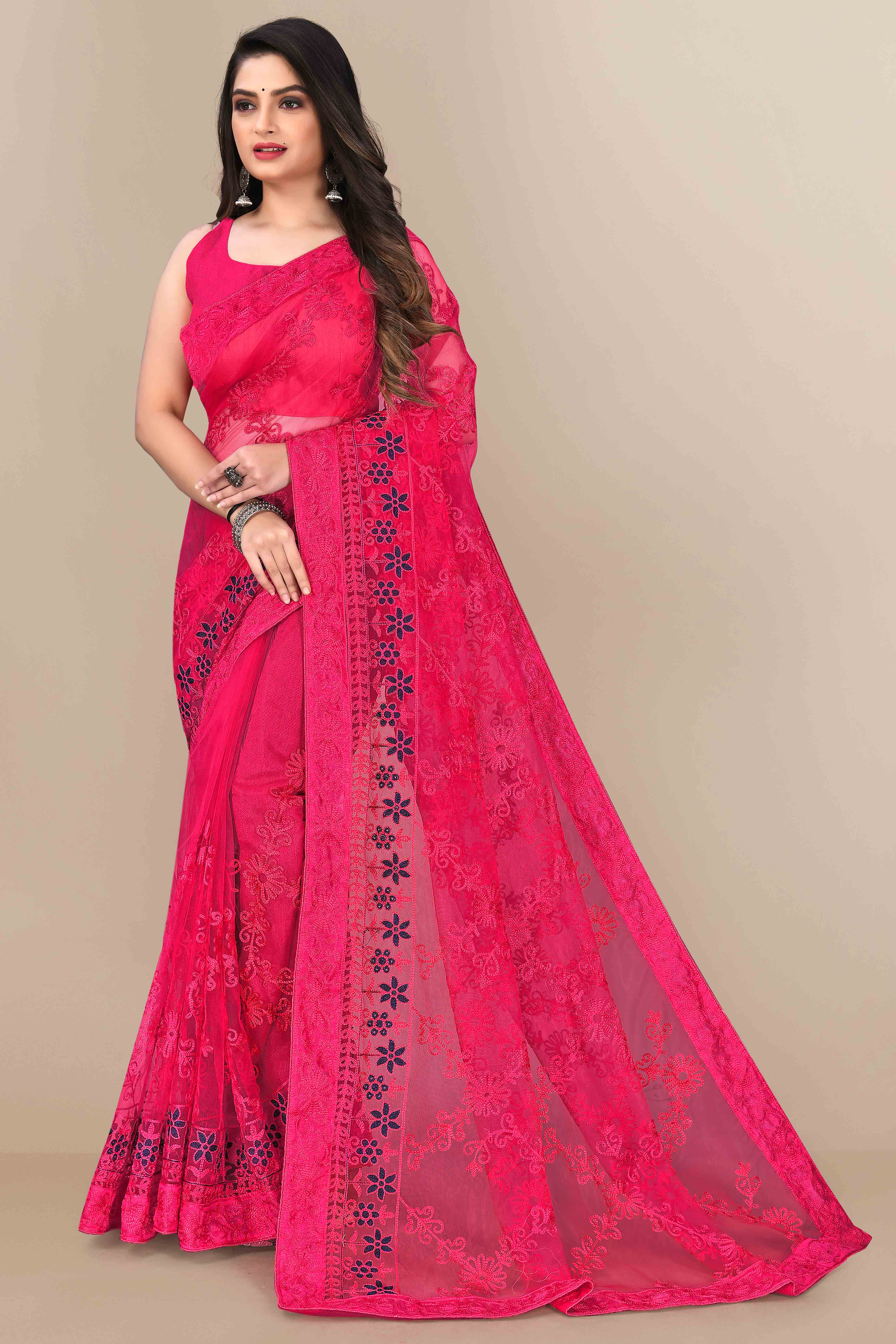 Dark Pink Party Wear Net Saree Featuring Rich Floral Embroidery