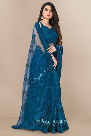 Teal Party Wear Net Saree Featuring Rich Floral Embroidery
