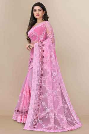 Light Pink Party Wear Net Saree Featuring Rich Floral Embroidery