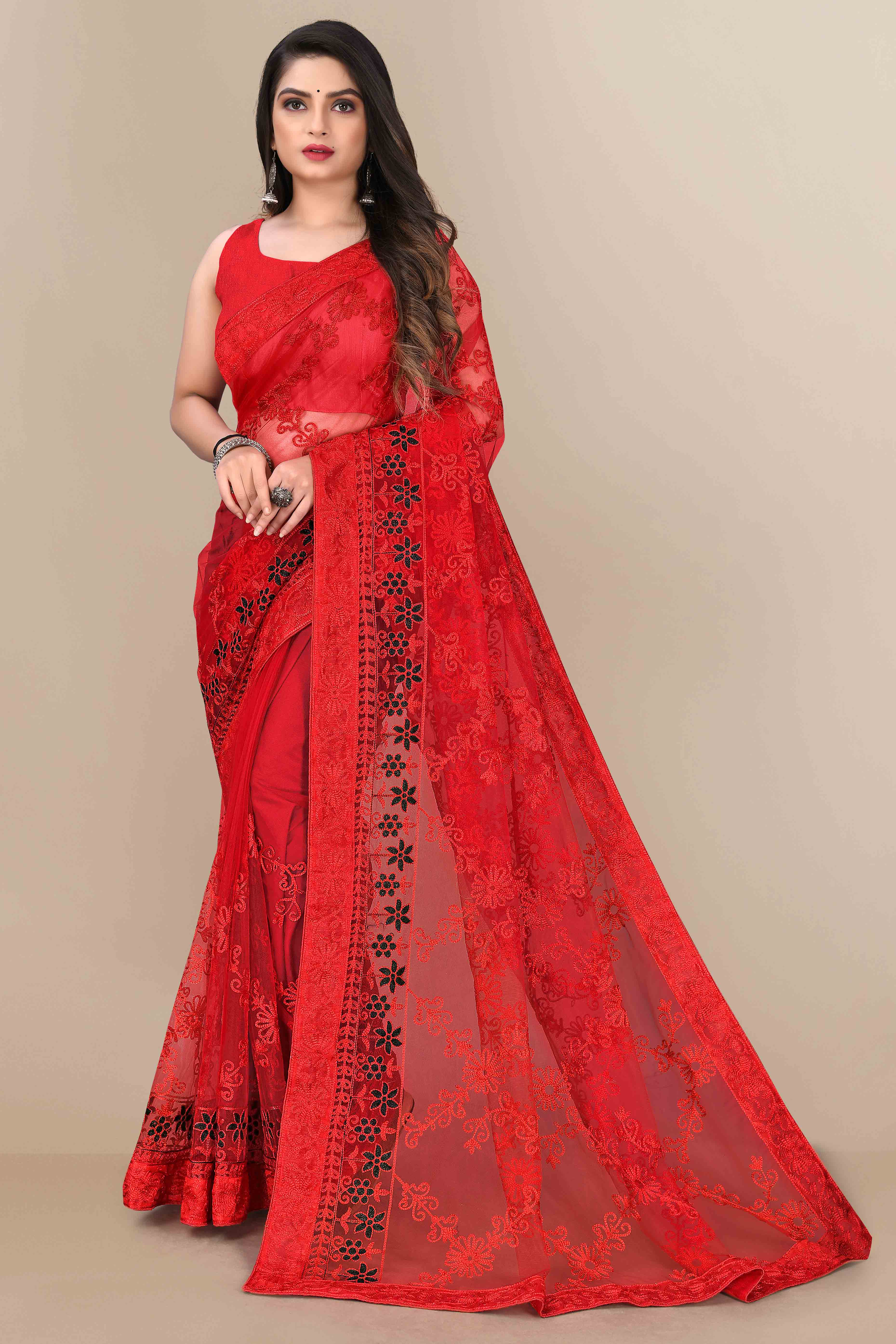 Red Party Wear Net Saree Featuring Rich Floral Embroidery