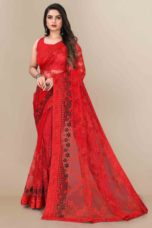 Red Party Wear Net Saree Featuring Rich Floral Embroidery