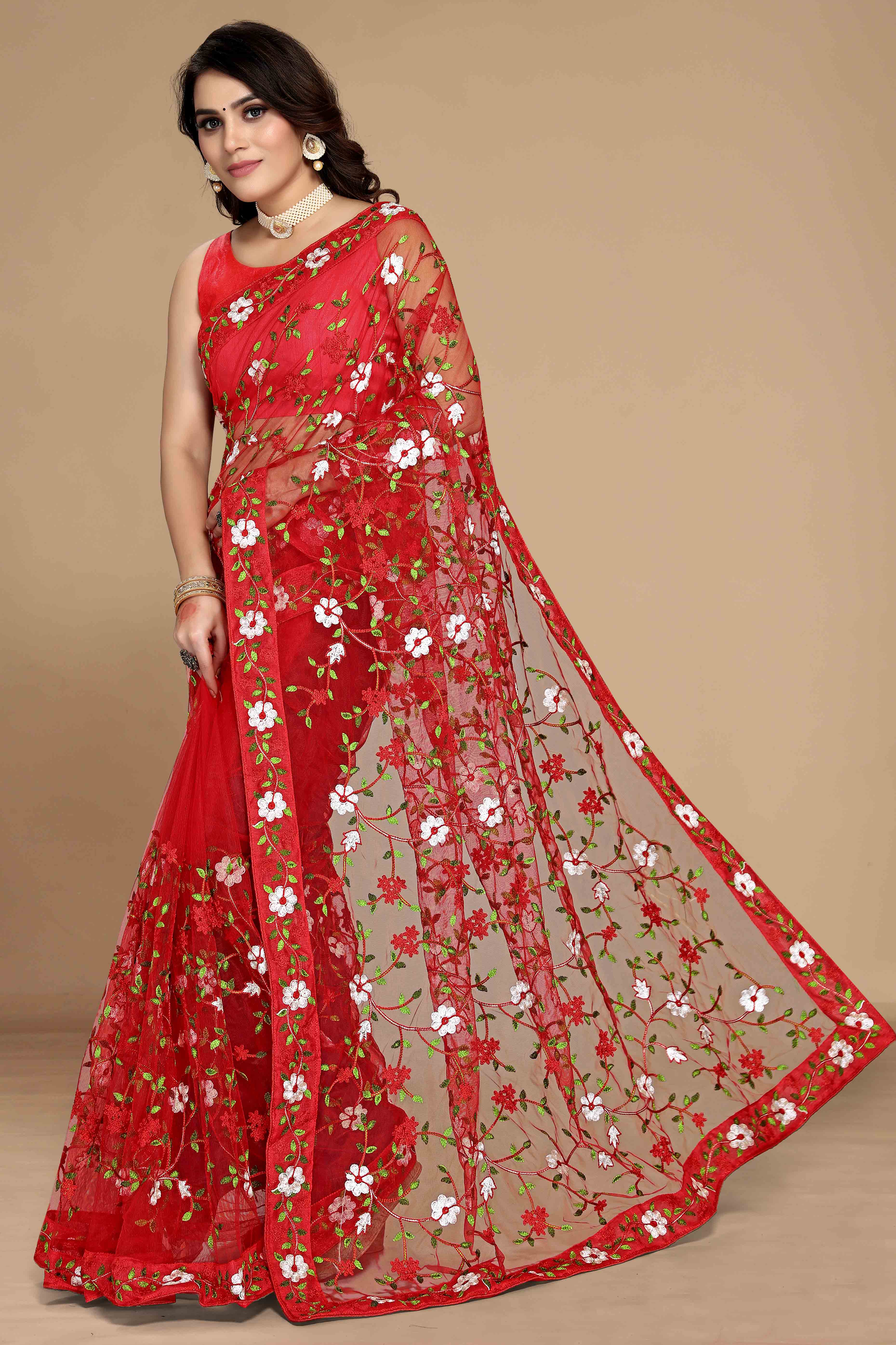 Red Net Saree with All Over Floral Heavy Embroidery