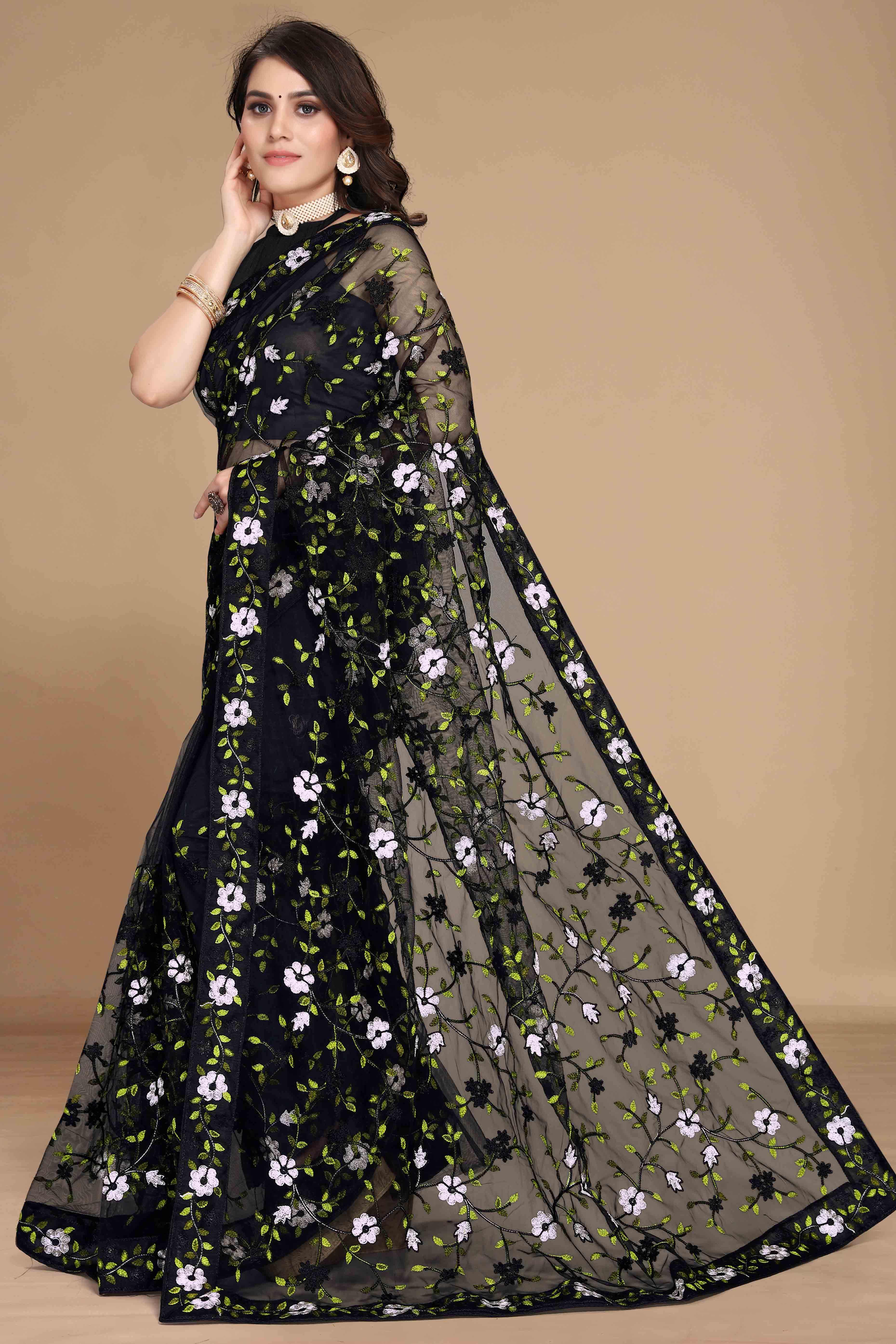 Black Net Saree with All Over Floral Heavy Embroidery
