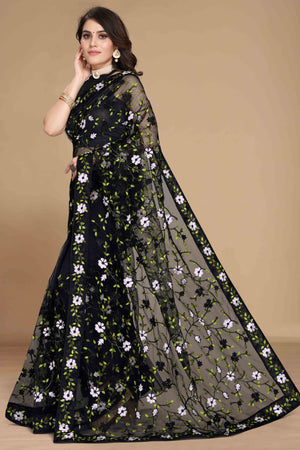 Black Net Saree with All Over Floral Heavy Embroidery
