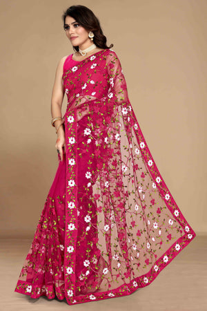Dark Pink Net Saree with All Over Floral Heavy Embroidery
