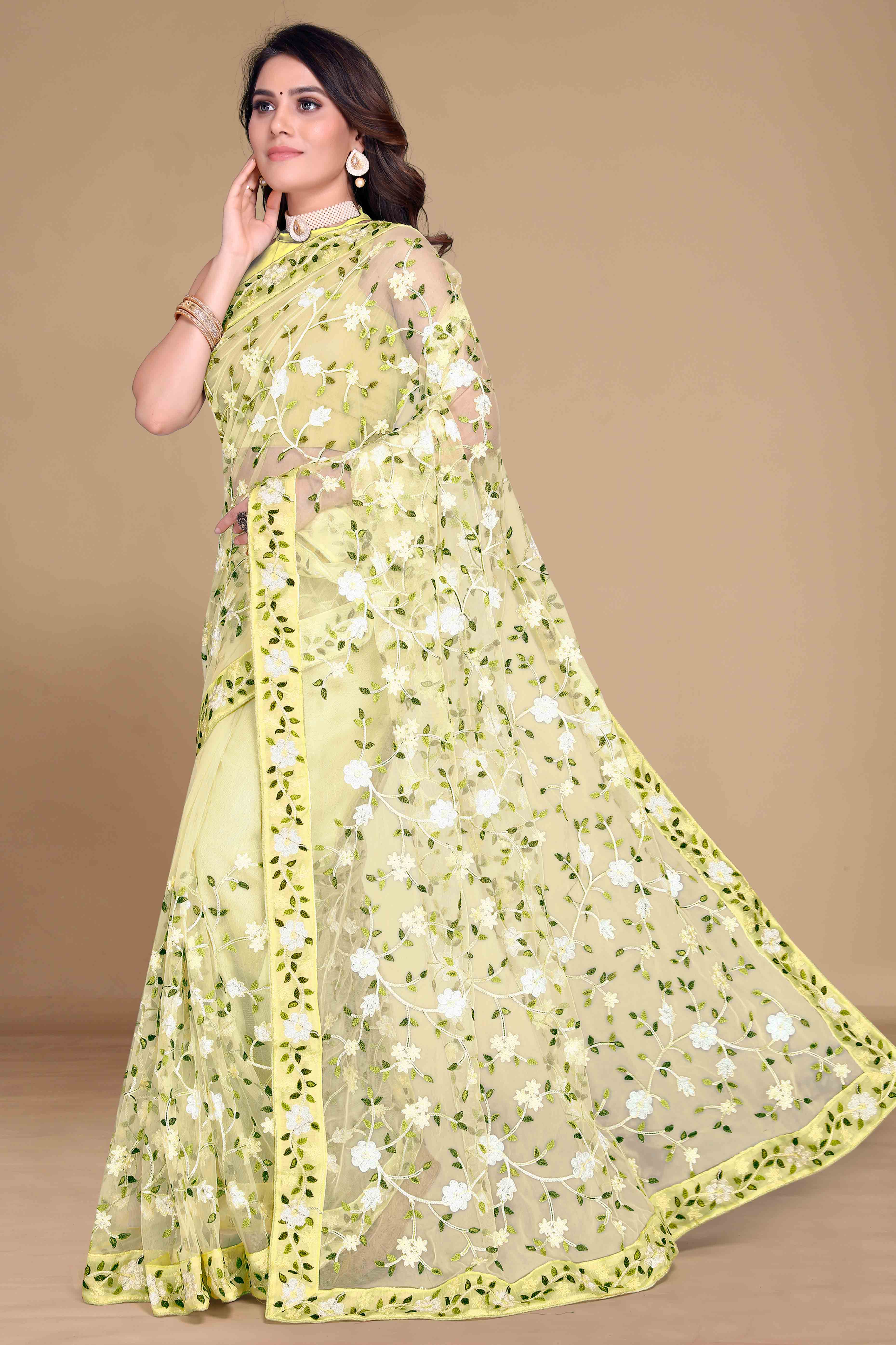 Yellow Net Saree with All Over Floral Heavy Embroidery