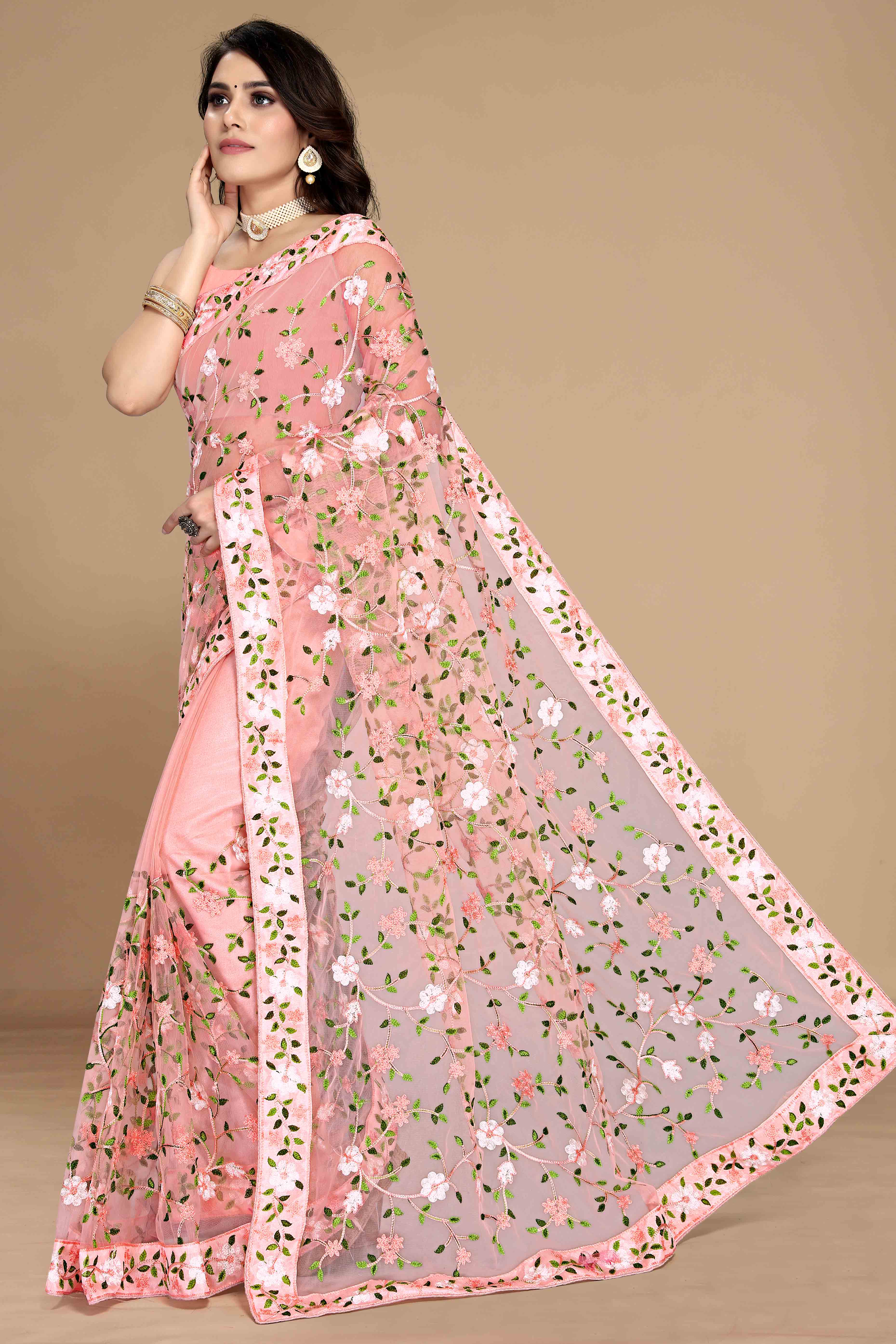 Peach Net Saree with All Over Floral Heavy Embroidery