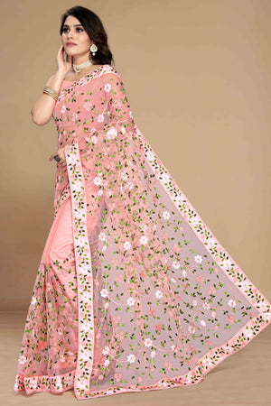 Peach Net Saree with All Over Floral Heavy Embroidery