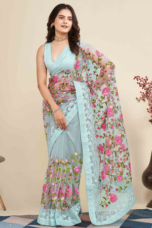 Sky Blue Floral Embroidered Party Wear Saree in Net Fabric with Lavish Detailing