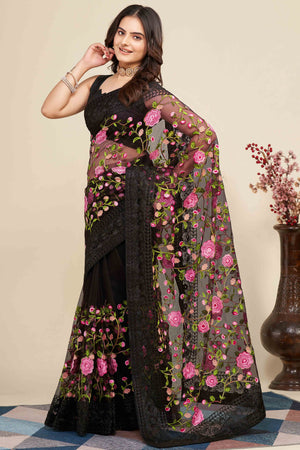 Black Floral Embroidered Party Wear Saree in Net Fabric with Lavish Detailing