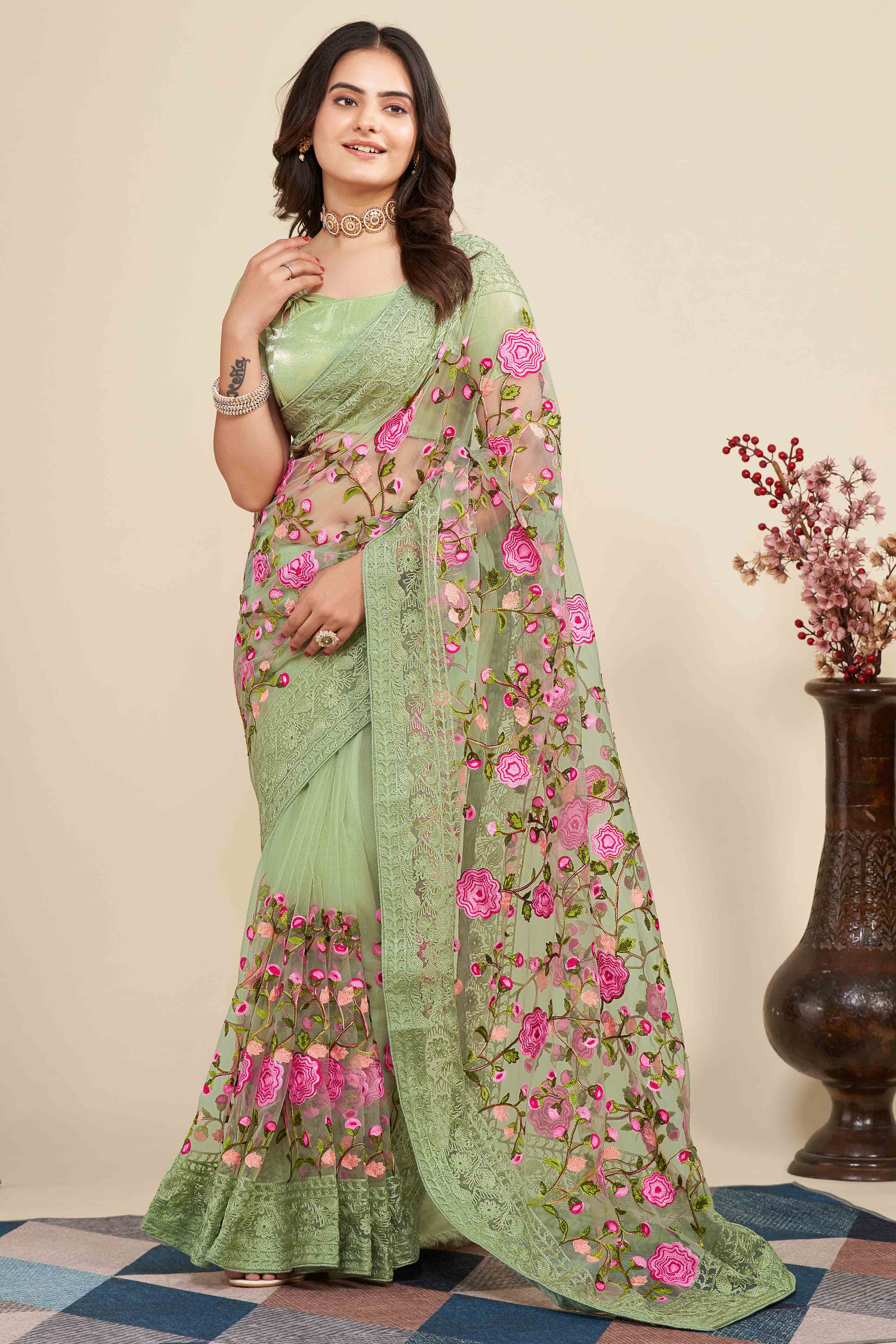 Pista Green Floral Embroidered Party Wear Saree in Net Fabric with Lavish Detailing