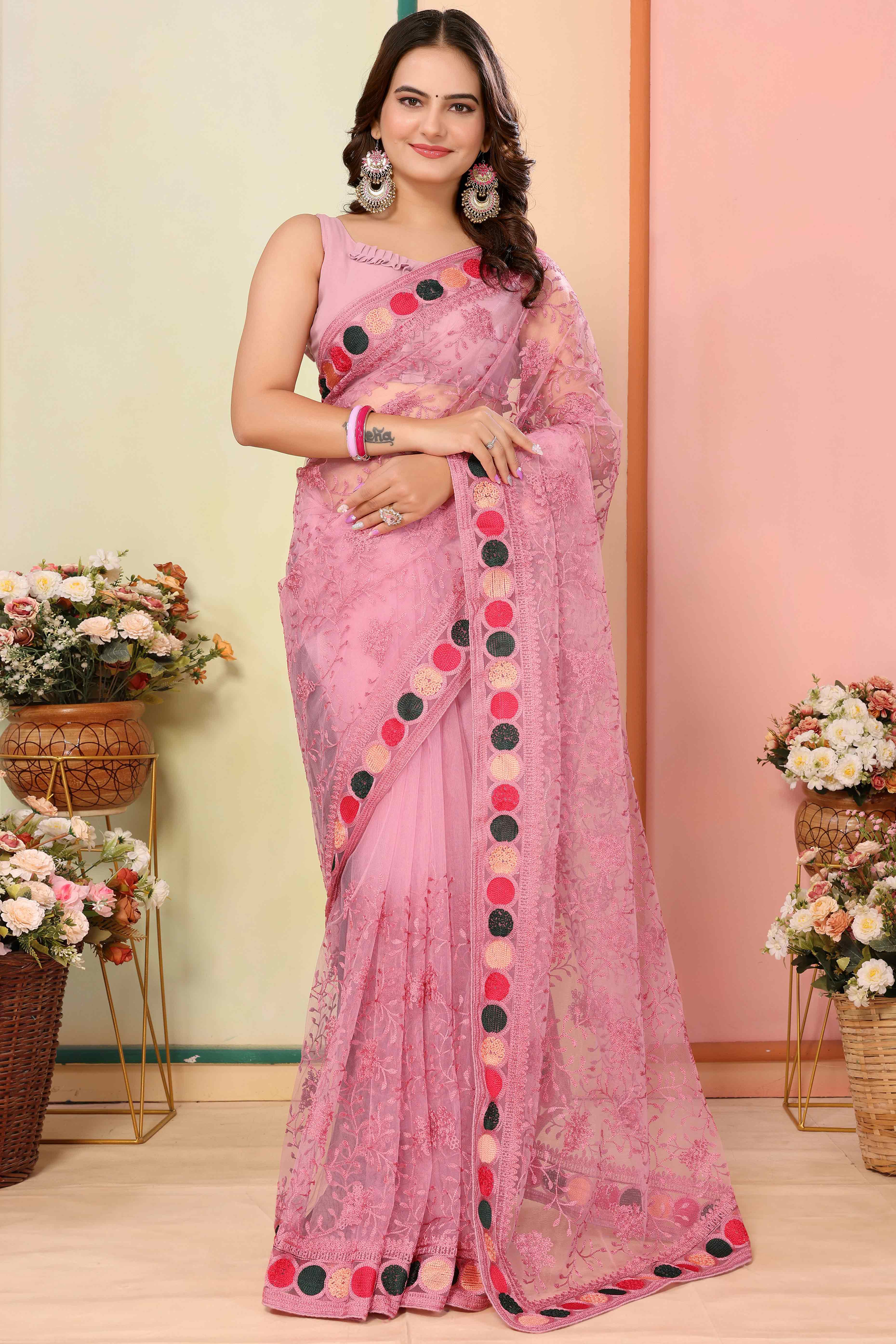 Pink Floral Embroidered Net Saree
