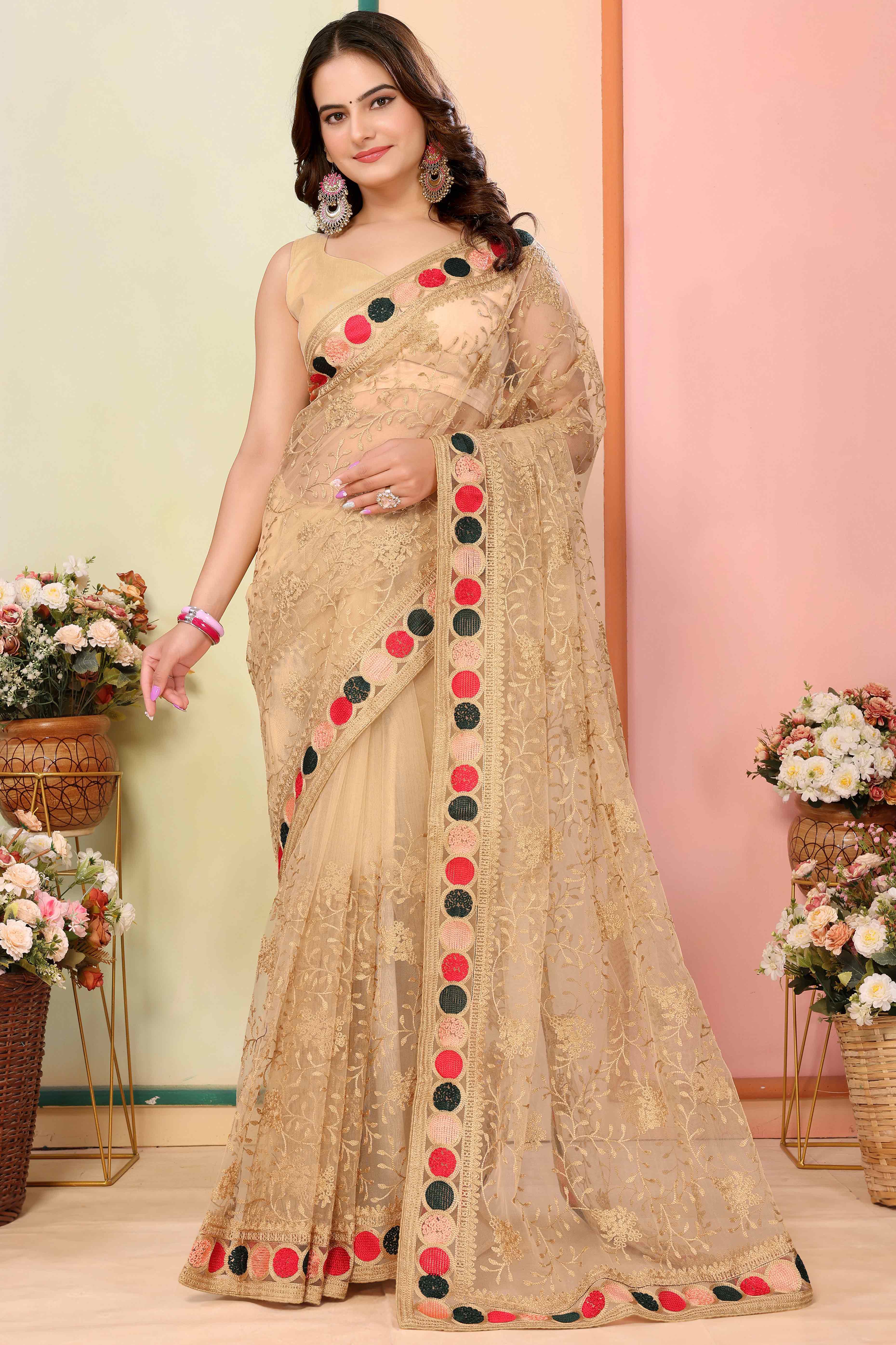 Chikoo Floral Embroidered Net Saree