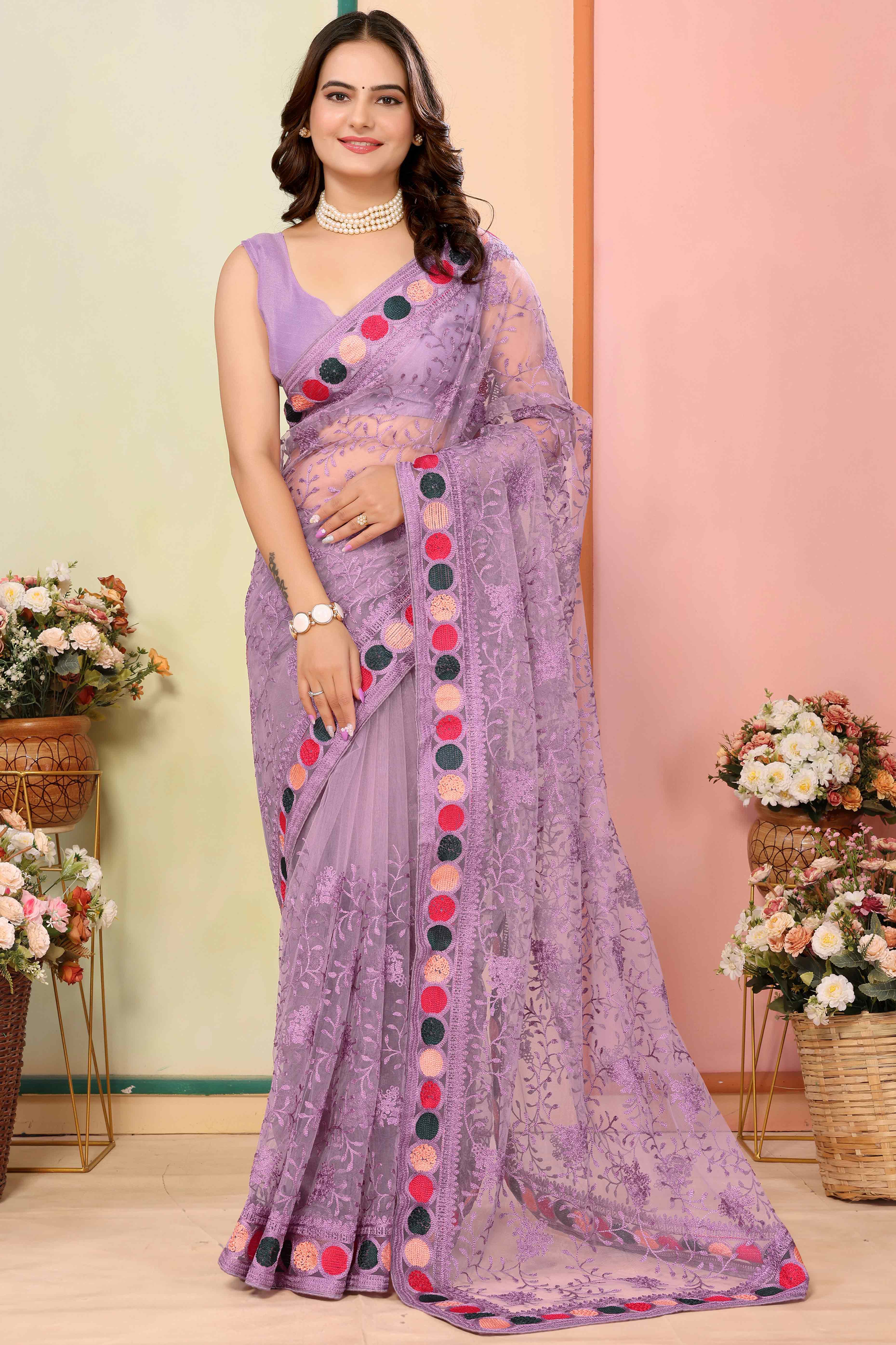 Purple Floral Embroidered Net Saree