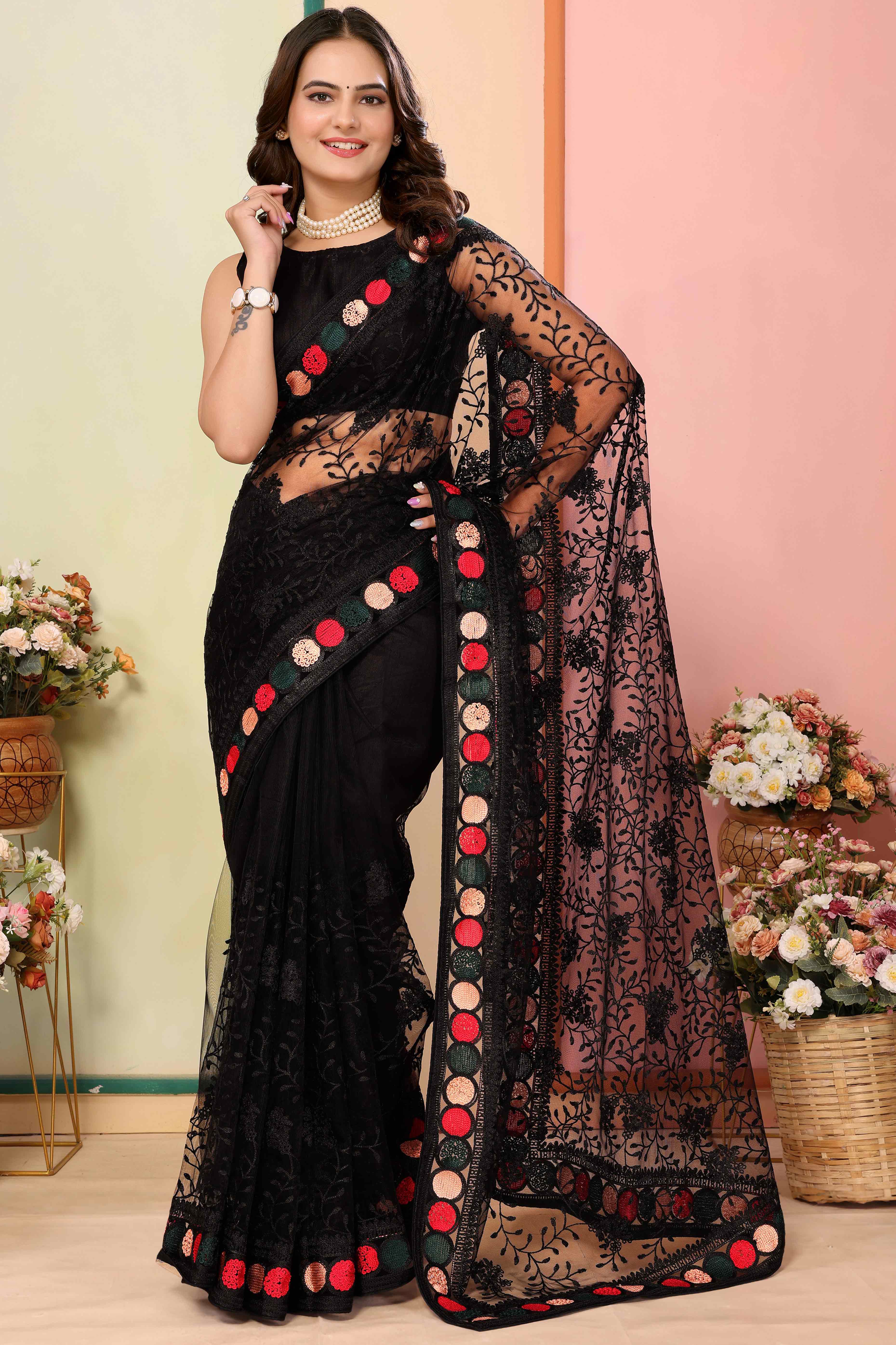 Black Floral Embroidered Net Saree