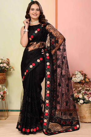 Black Floral Embroidered Net Saree