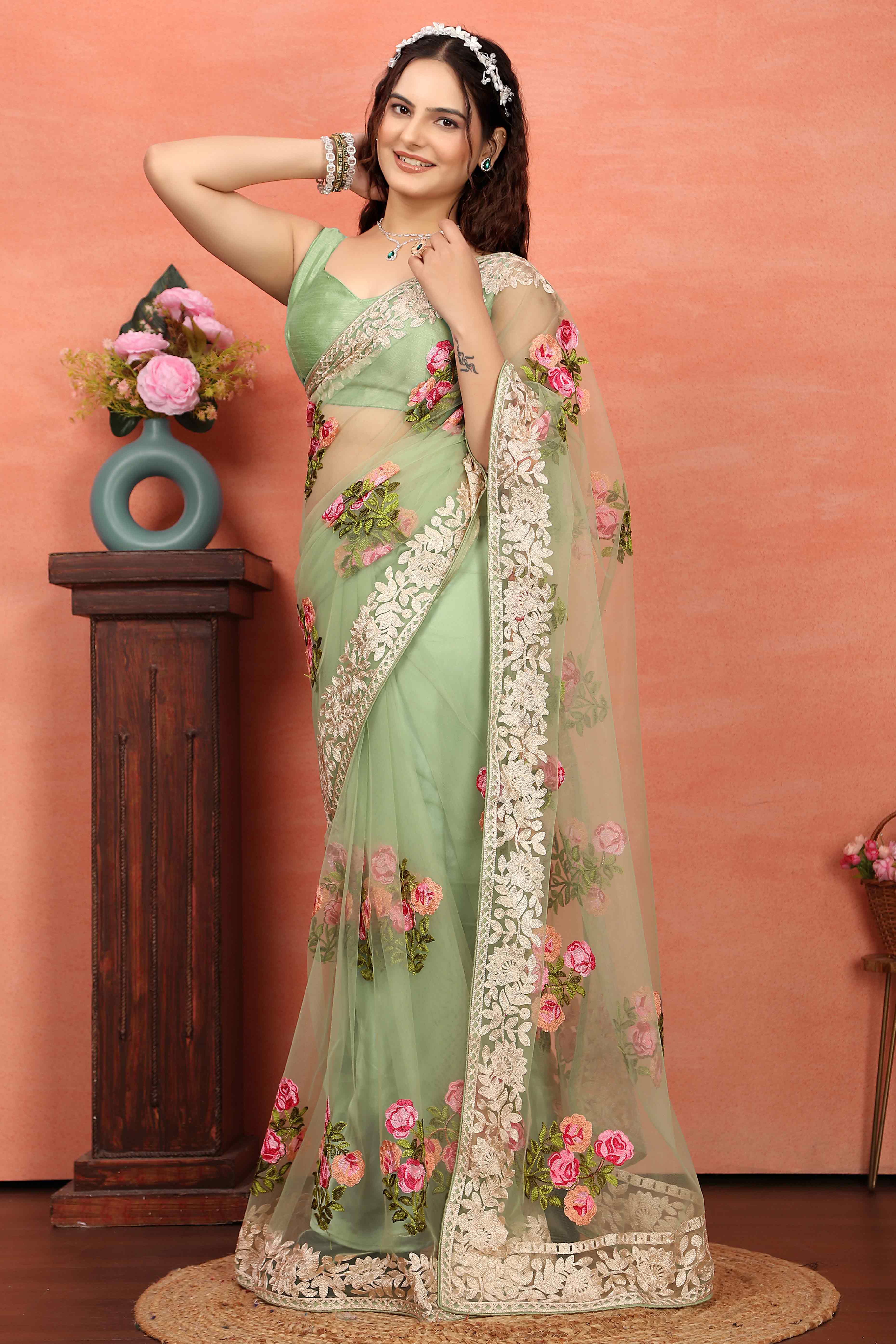 Green Floral Embroidered Net Saree