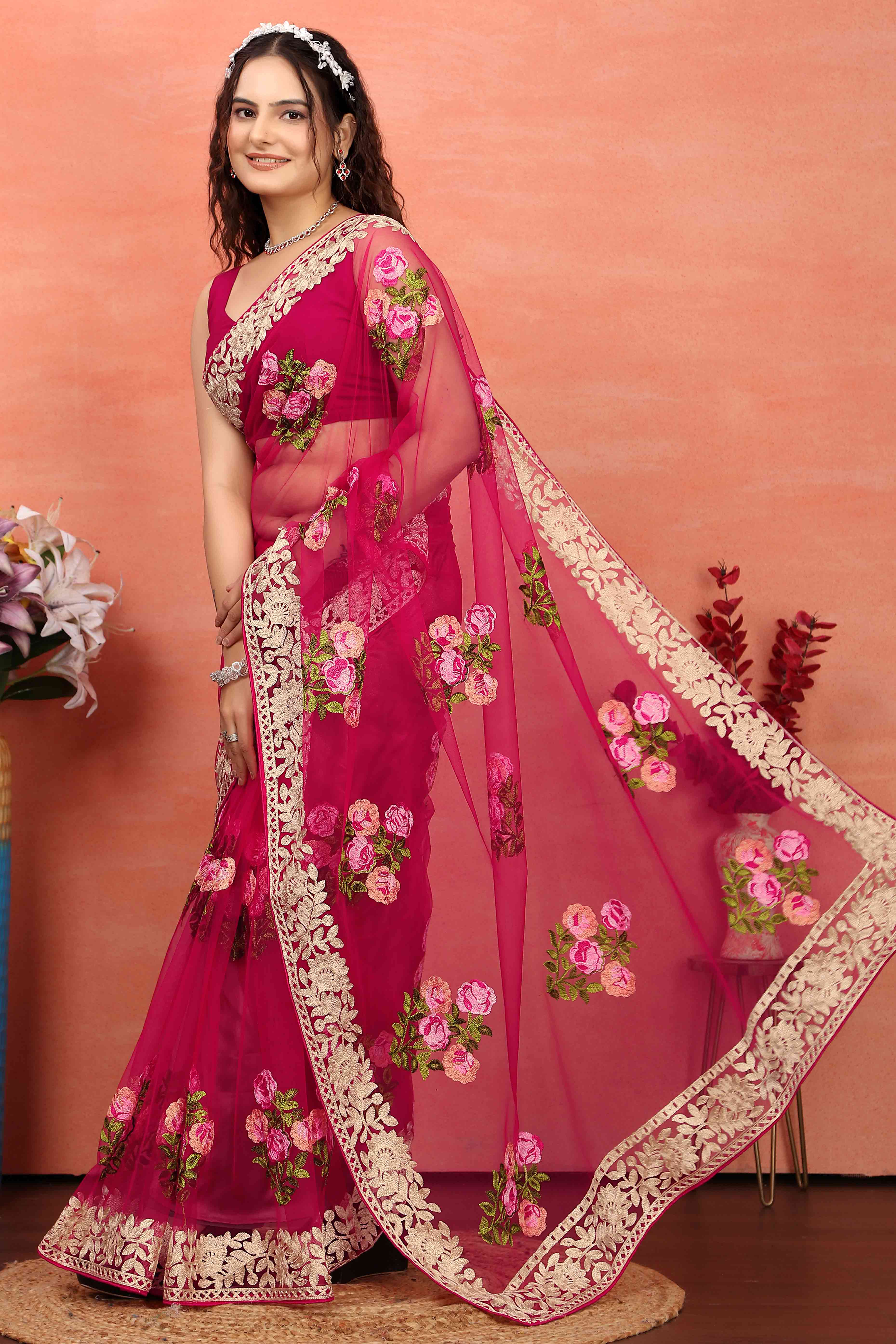 Rani Pink Floral Embroidered Net Saree