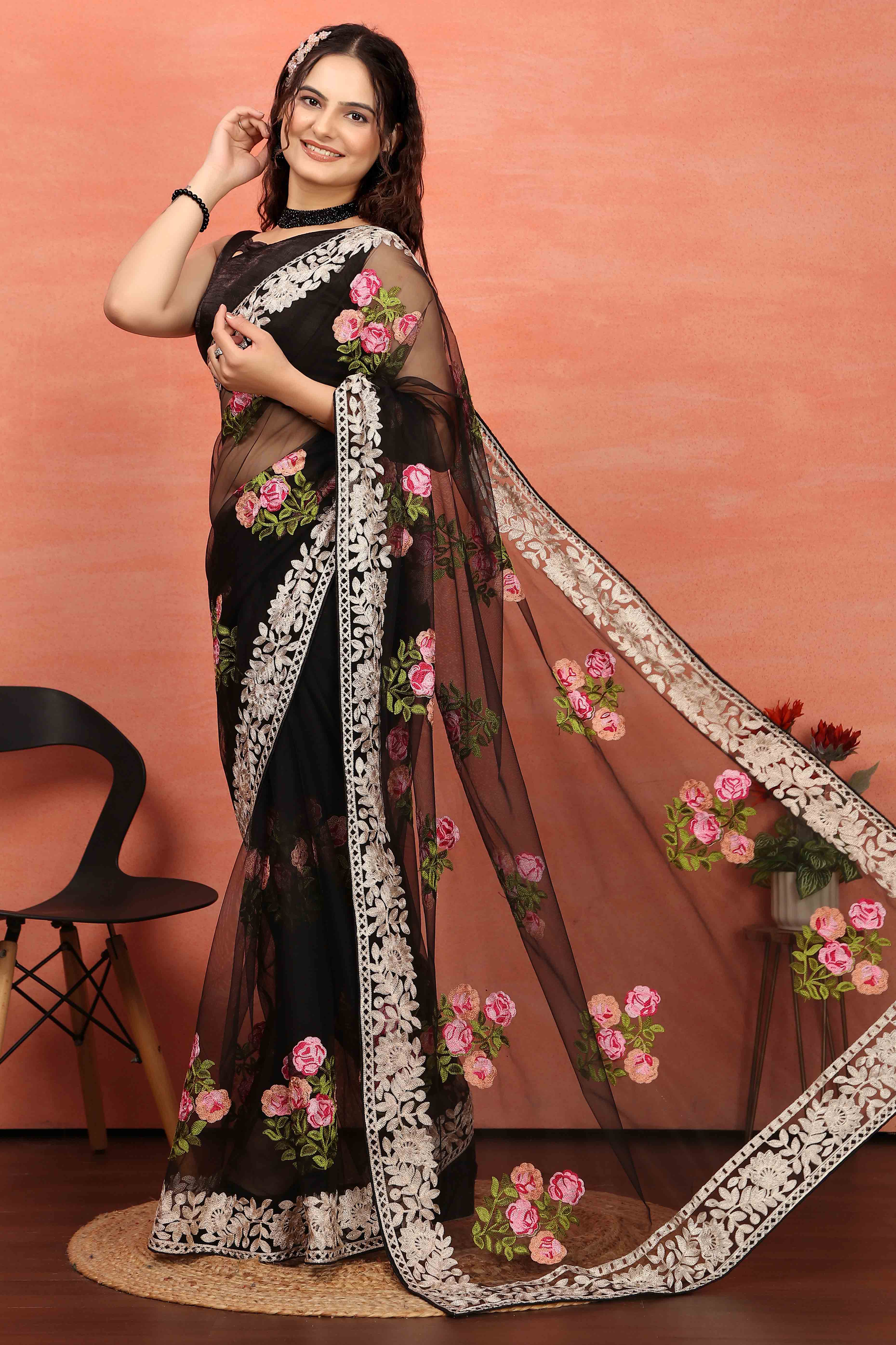 Black Floral Embroidered Net Saree