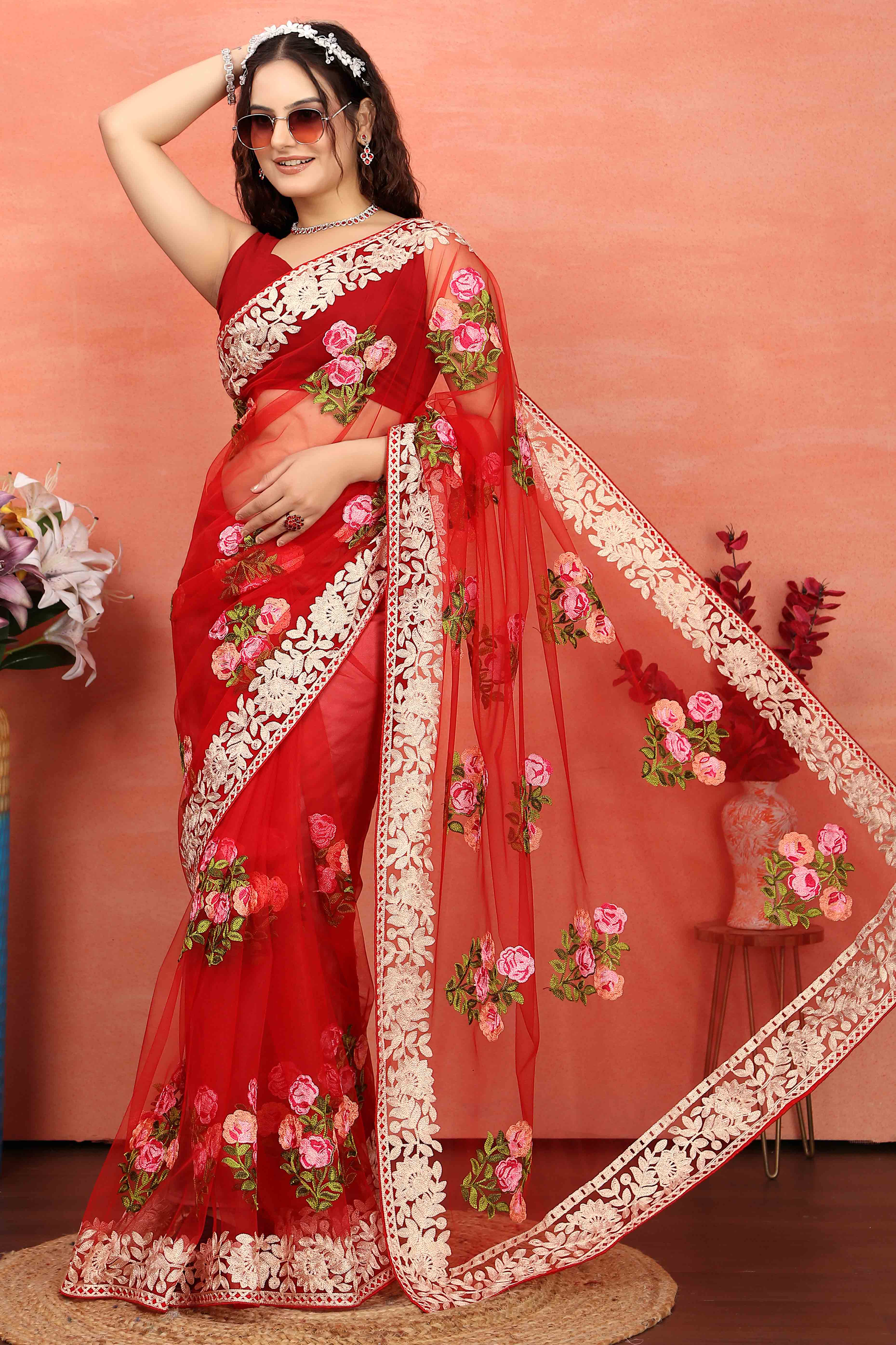 Red Floral Embroidered Net Saree