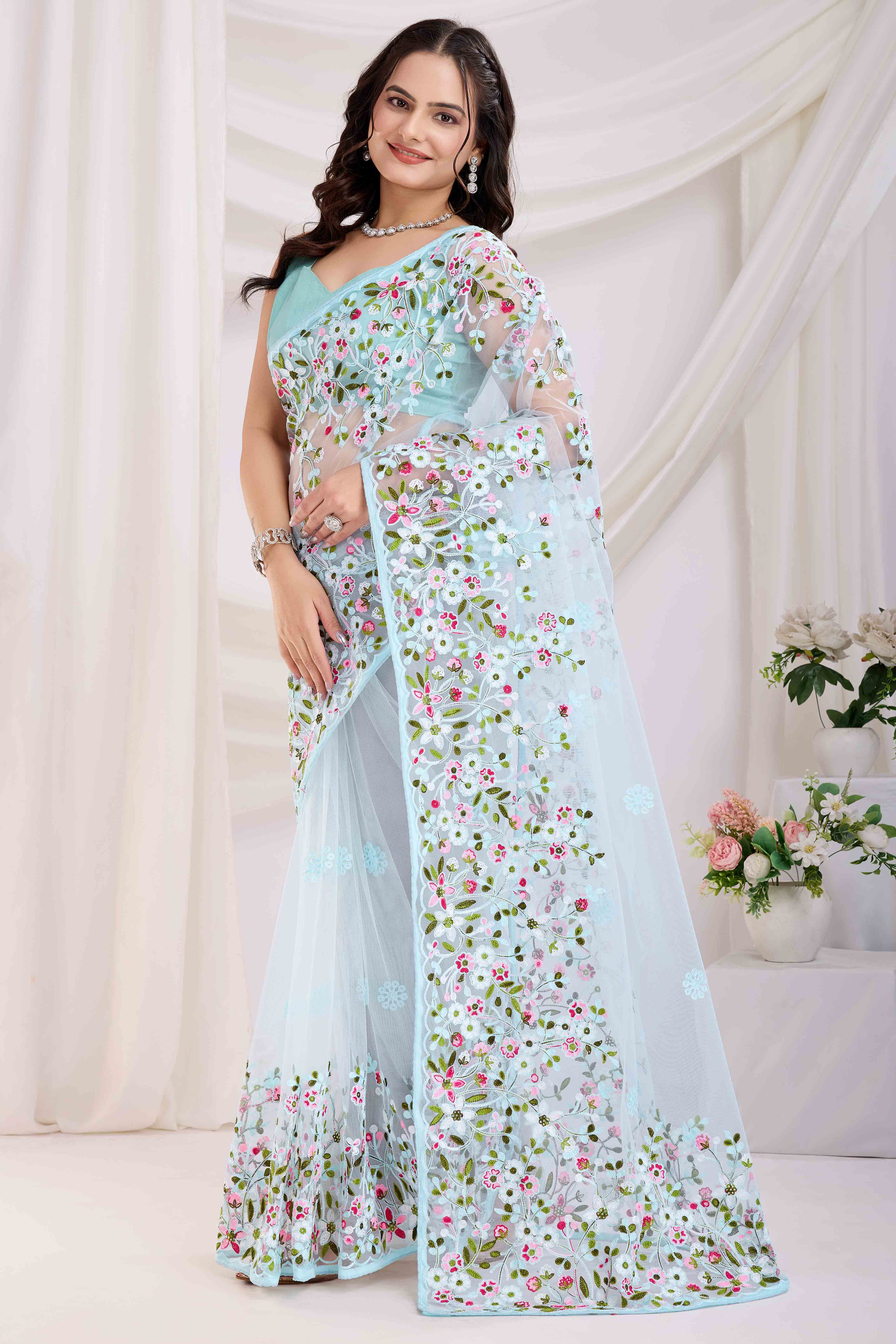 Blue Floral Embroidered Net Saree