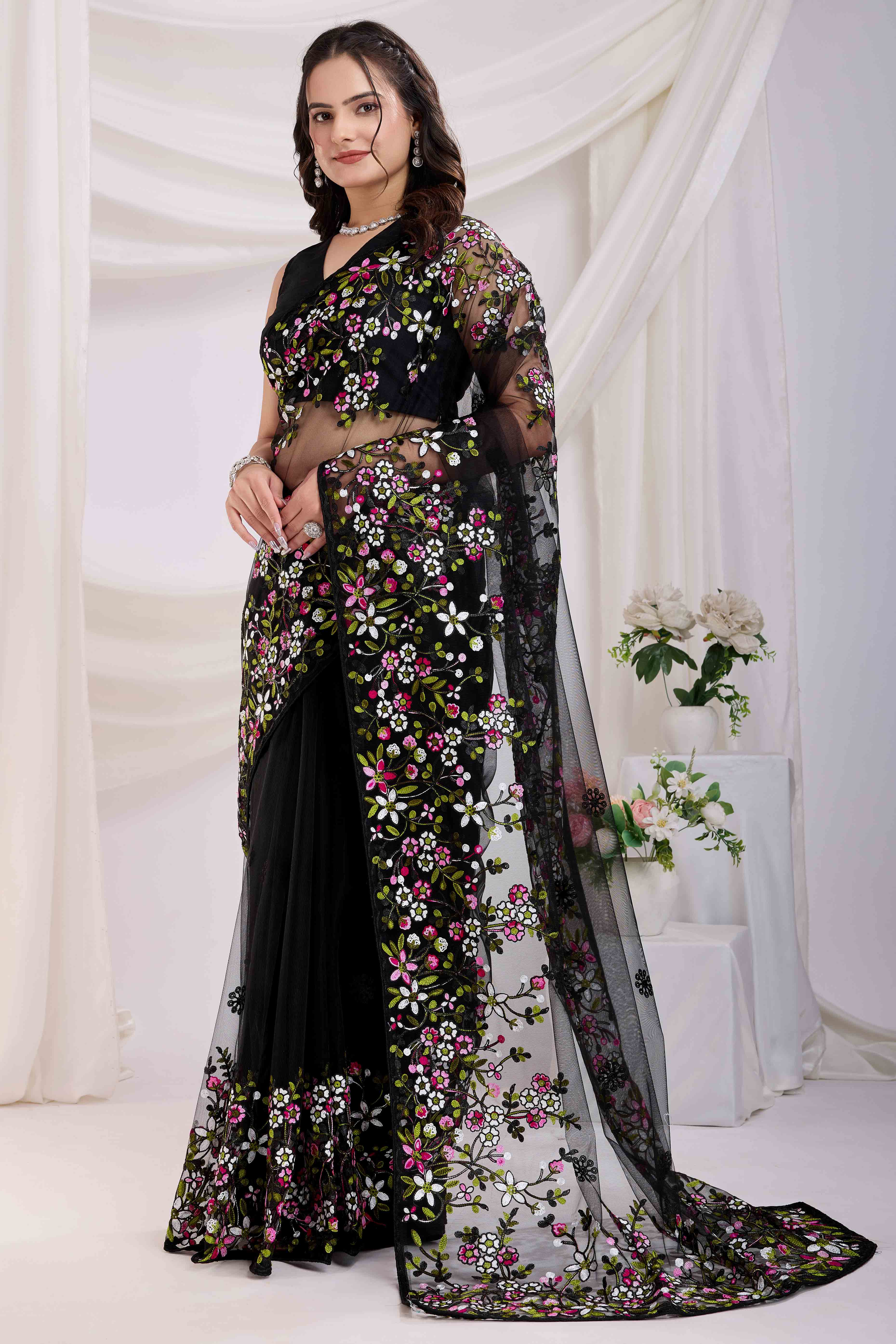 Black Floral Embroidered Net Saree