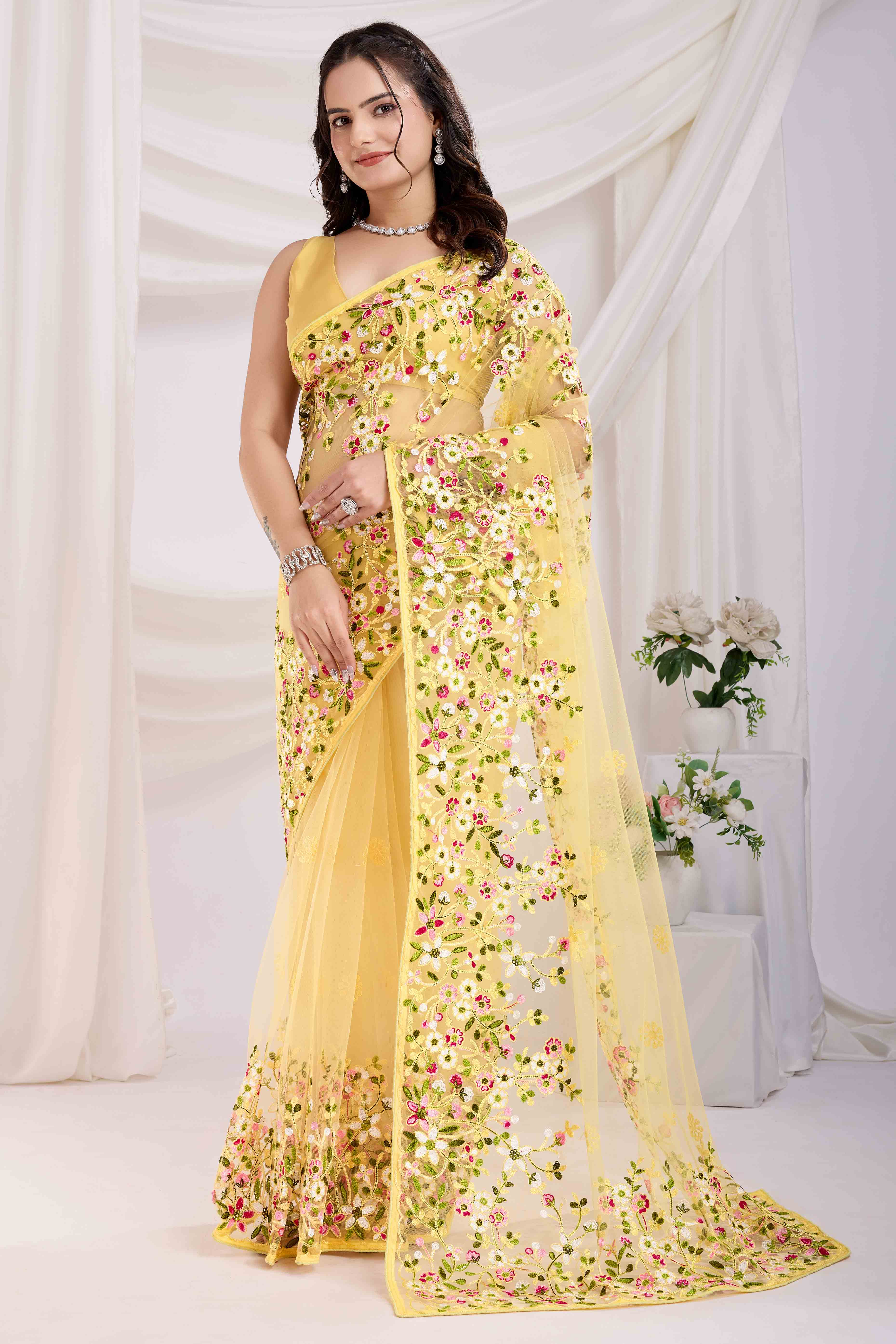 Yellow Floral Embroidered Net Saree