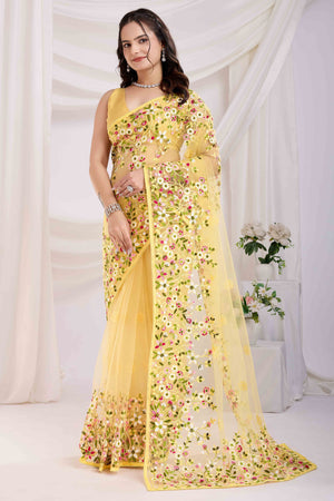 Yellow Floral Embroidered Net Saree