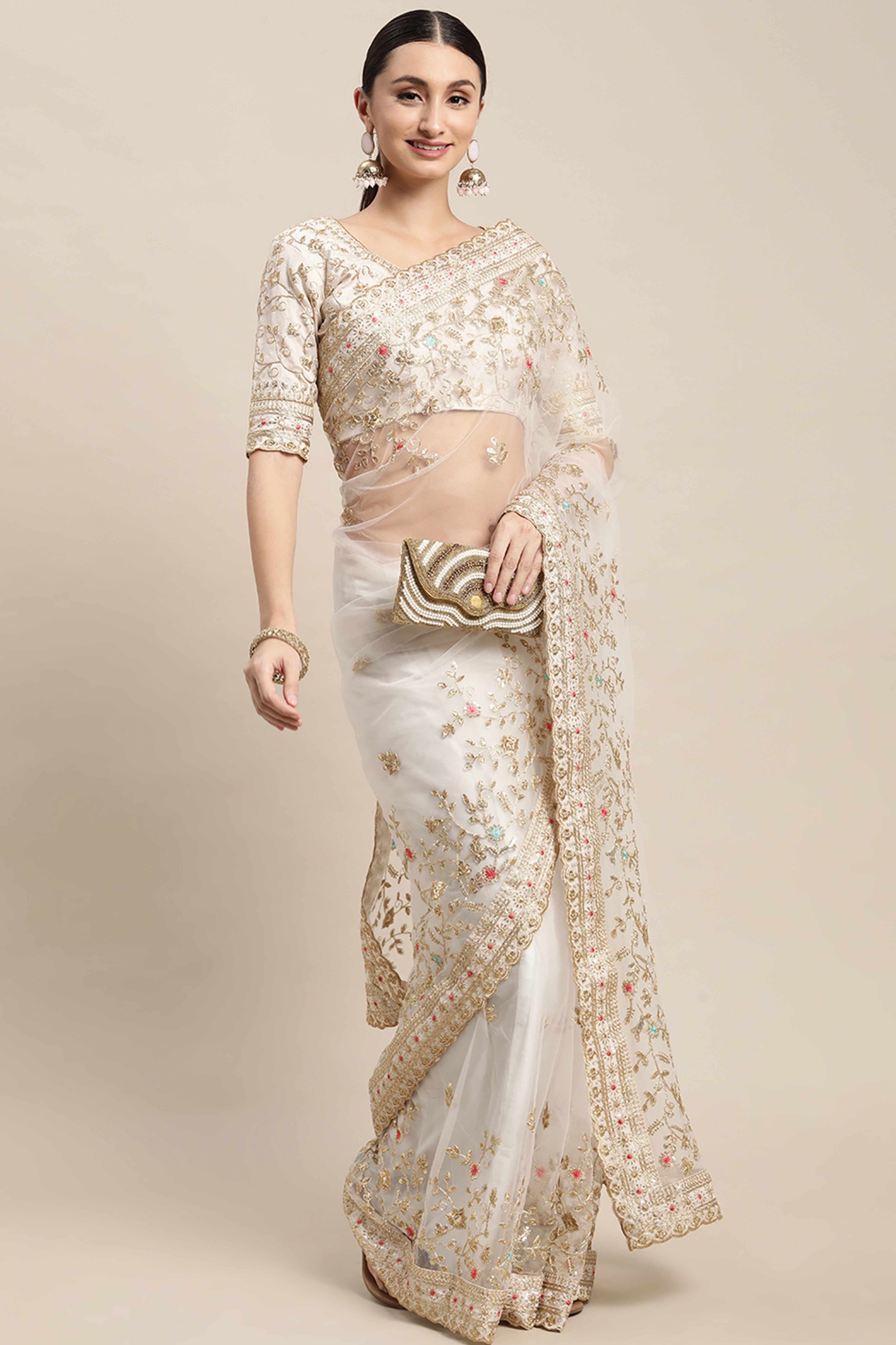 Cream Soft Net Saree With Delicate Floral Embroidery & Shimmering Sequins Work