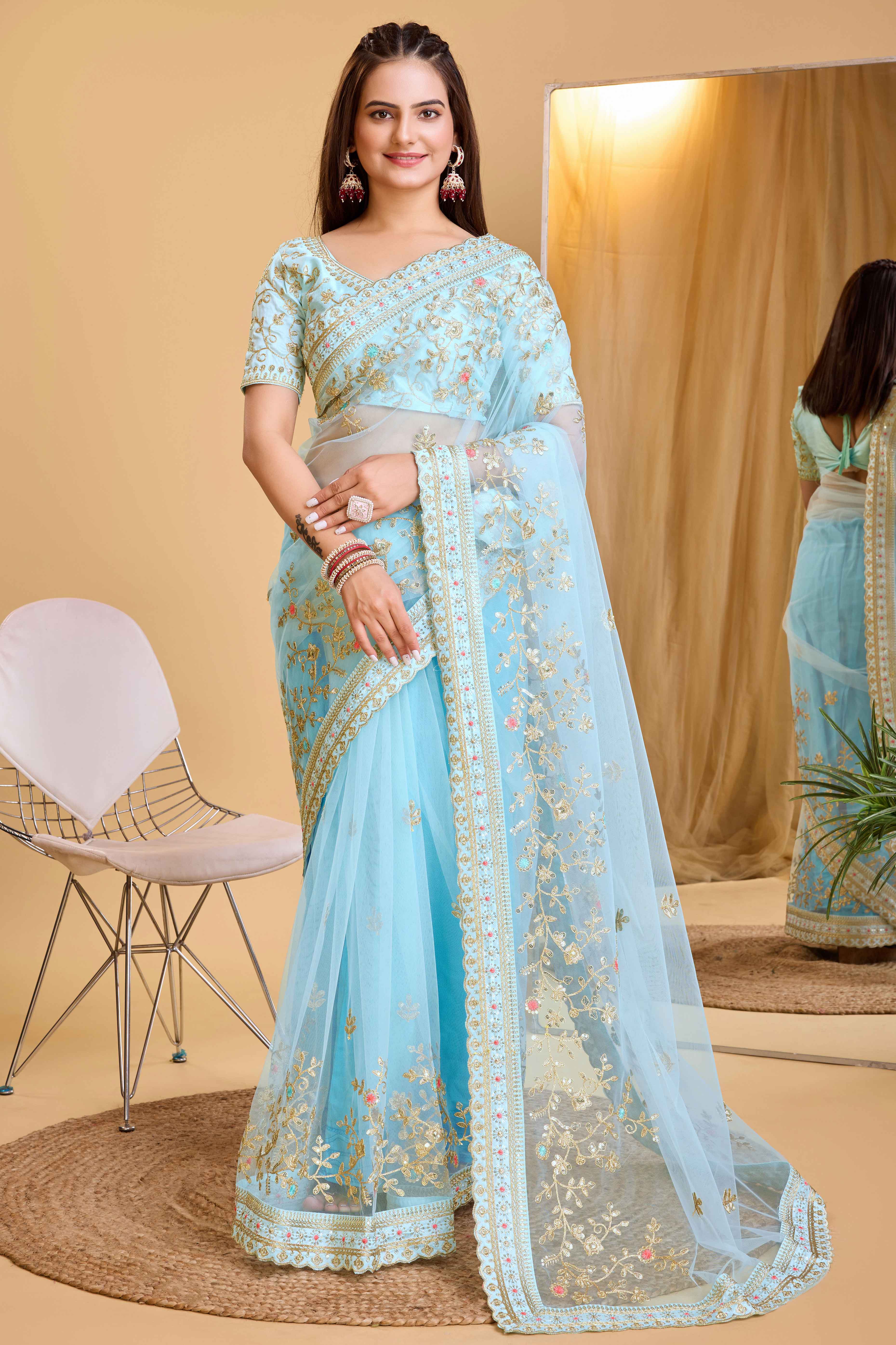 Blue Soft Net Saree With Delicate Floral Embroidery & Shimmering Sequins Work