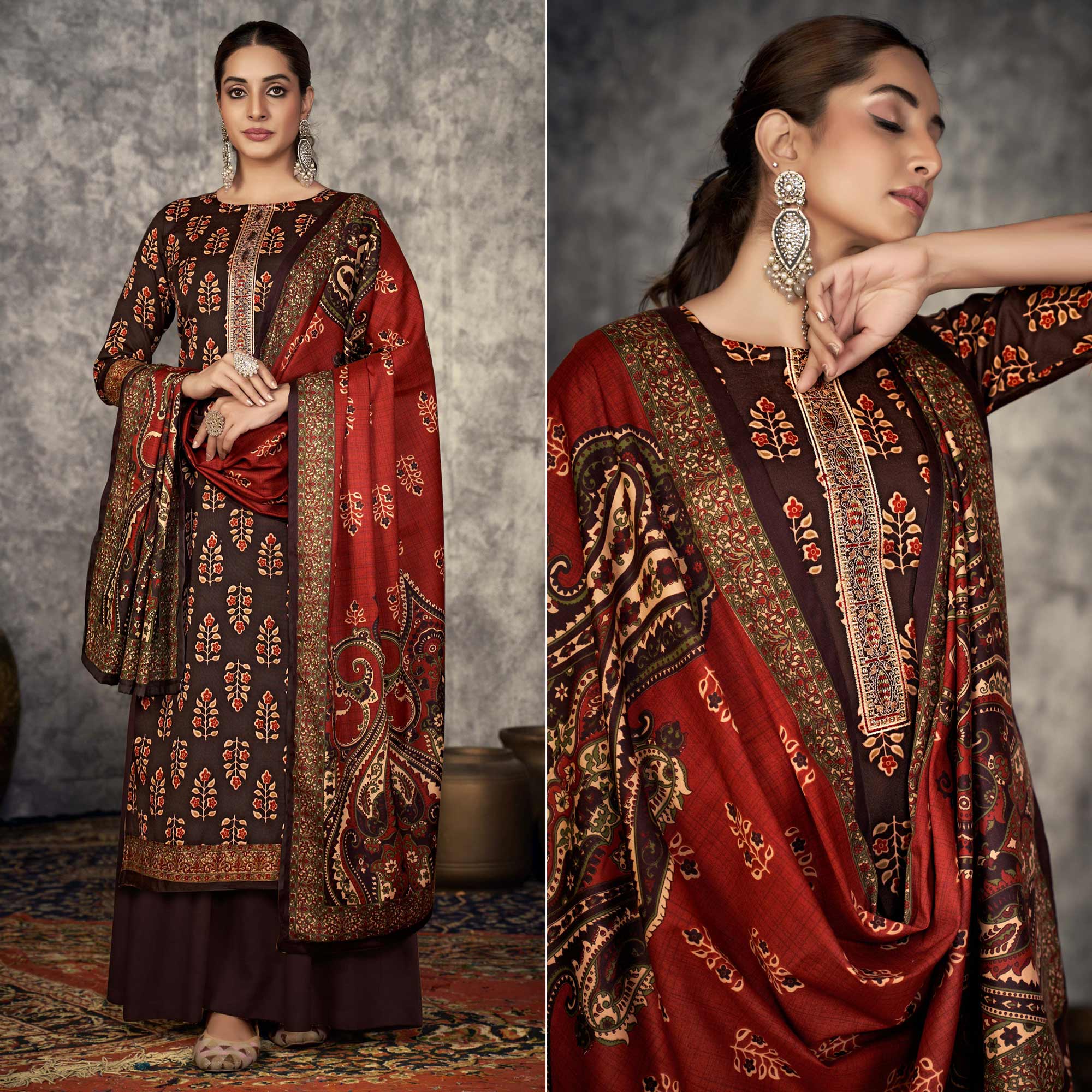 Brown Printed With Embroidered Pashmina Suit